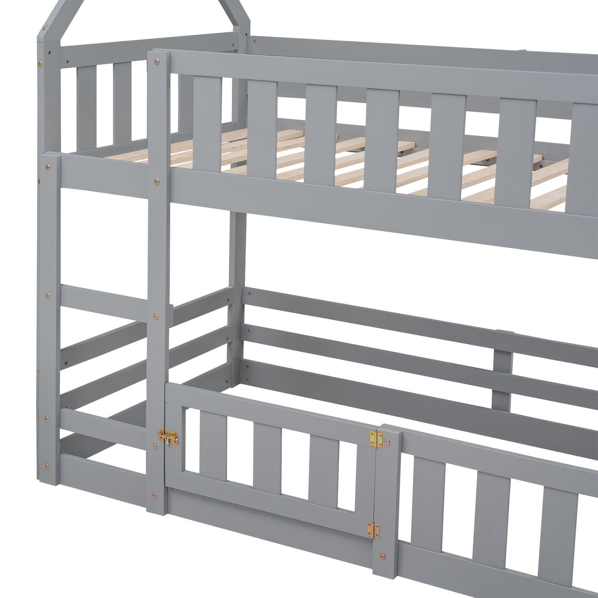 Gray wooden bunk bed frame with ladder and safety rail