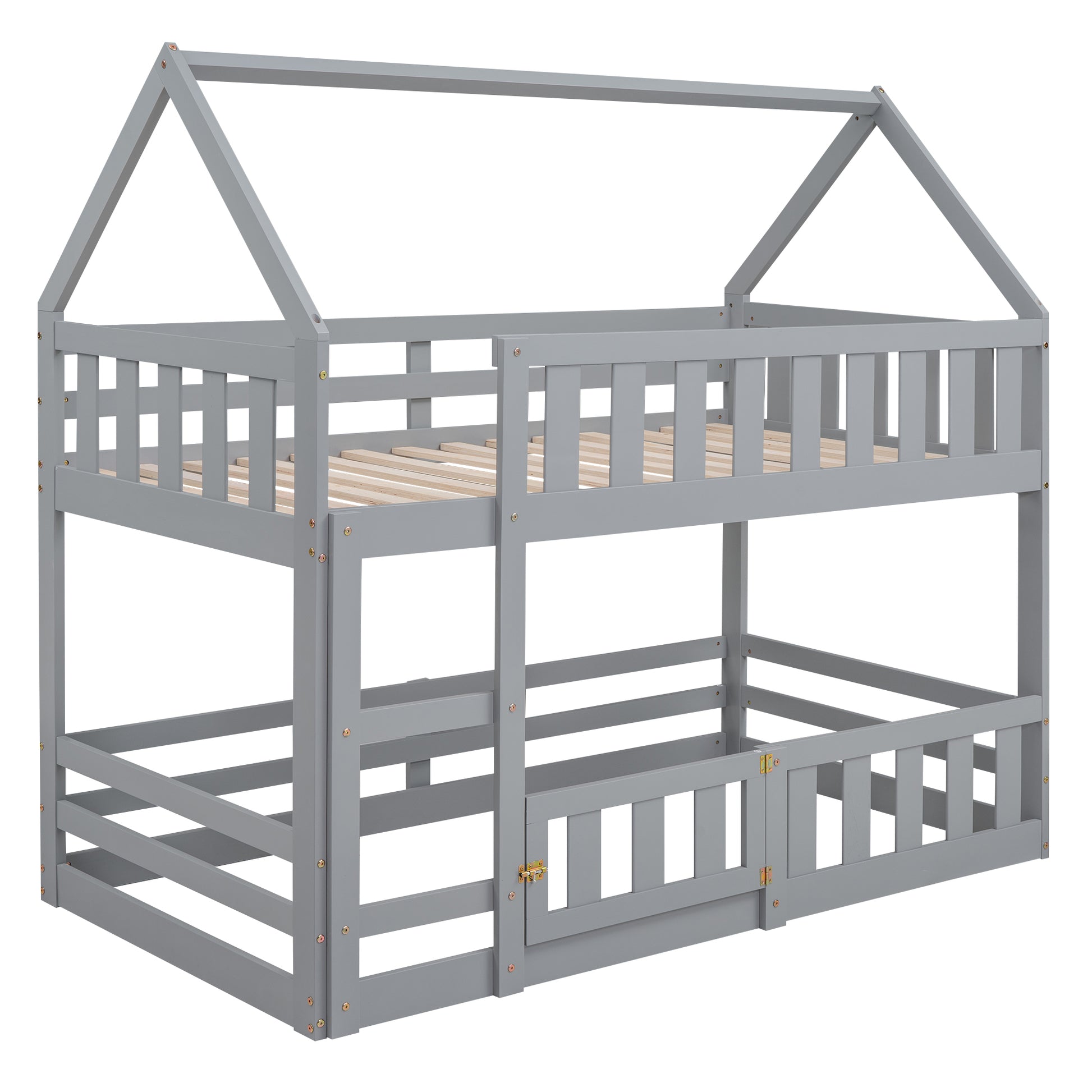 Grey wooden house bunk bed with guardrails and a ladder opening