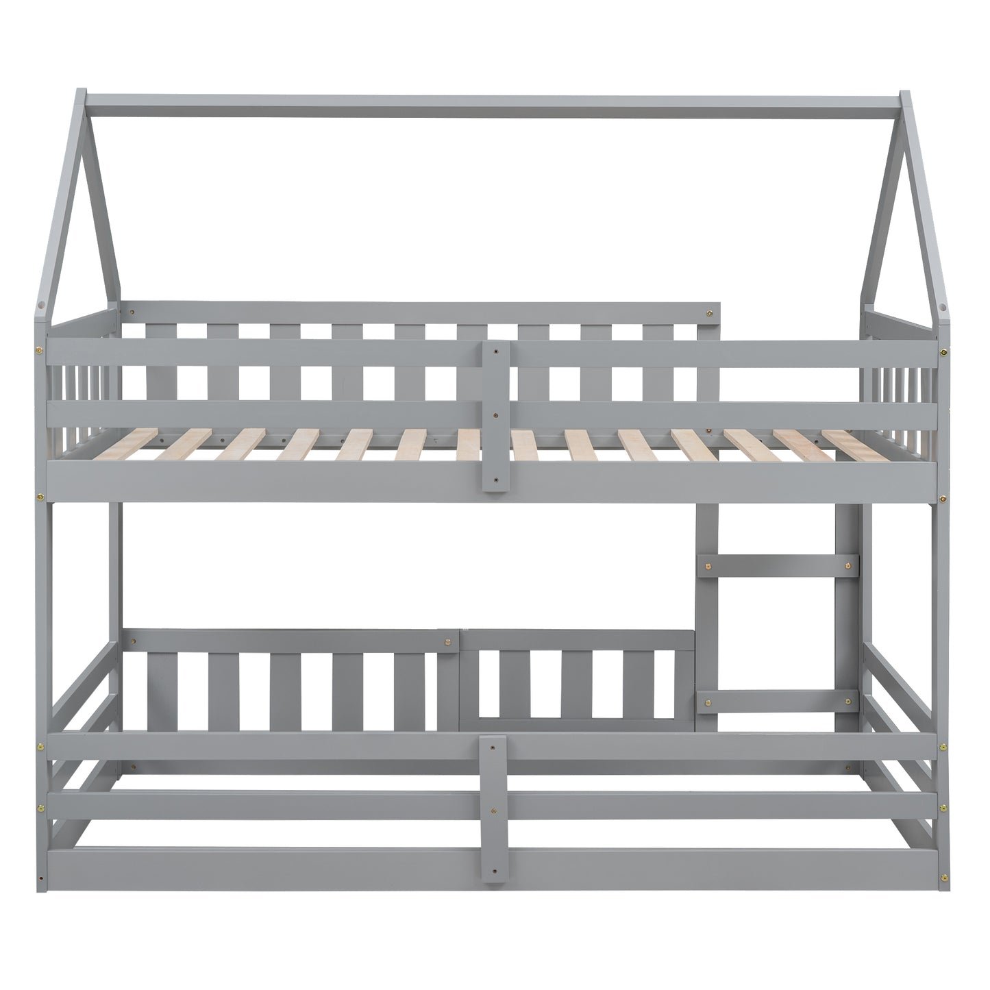 Gray wooden bunk bed with house frame design for kids