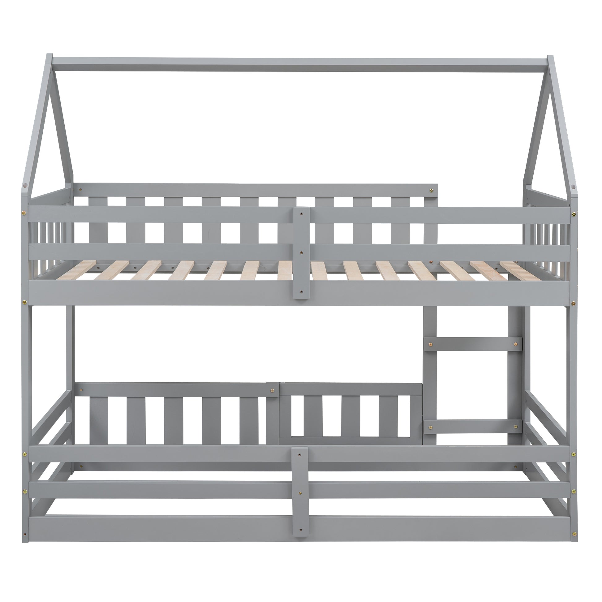 Gray wooden bunk bed with house frame design for kids