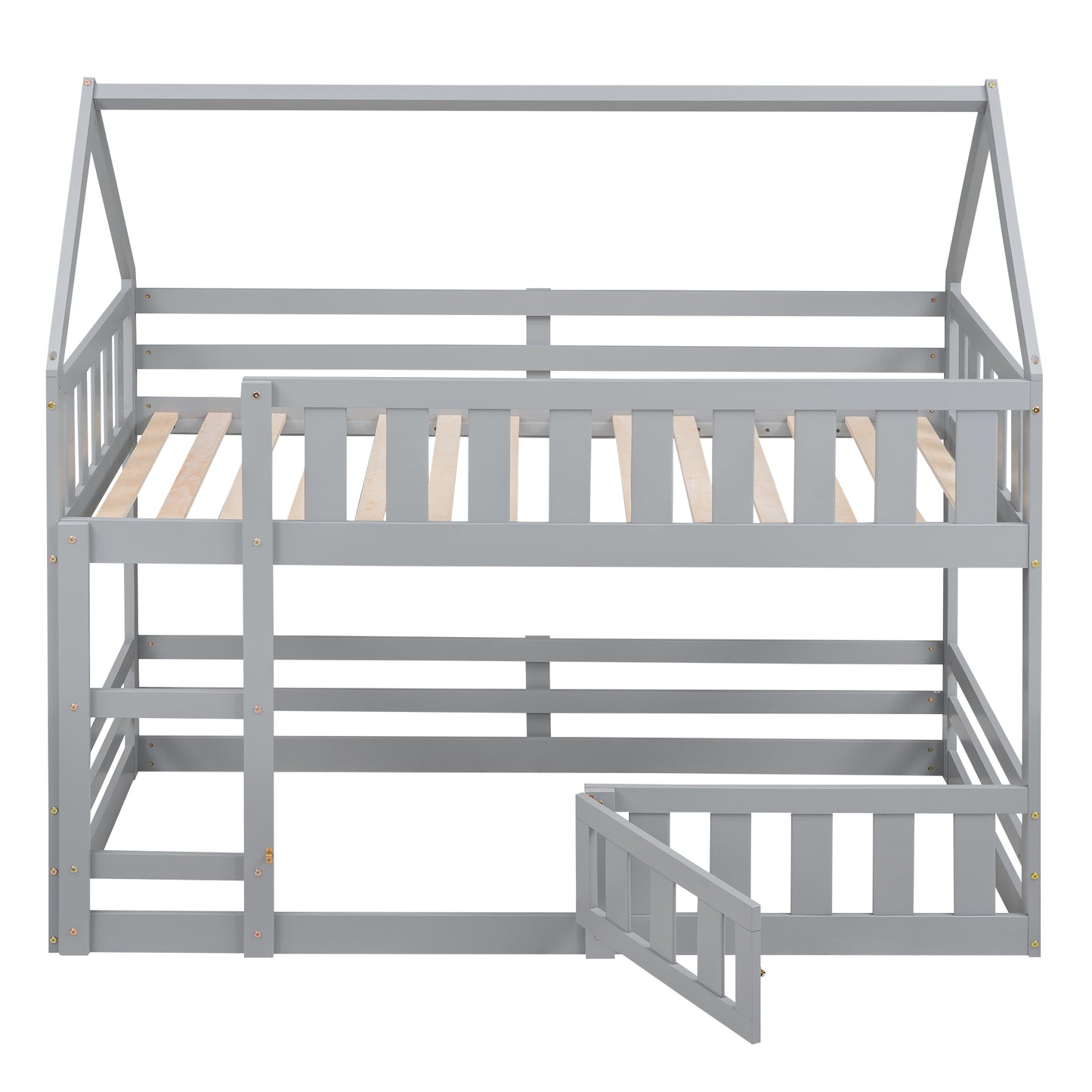 Gray wooden twin over twin bunk bed with house frame