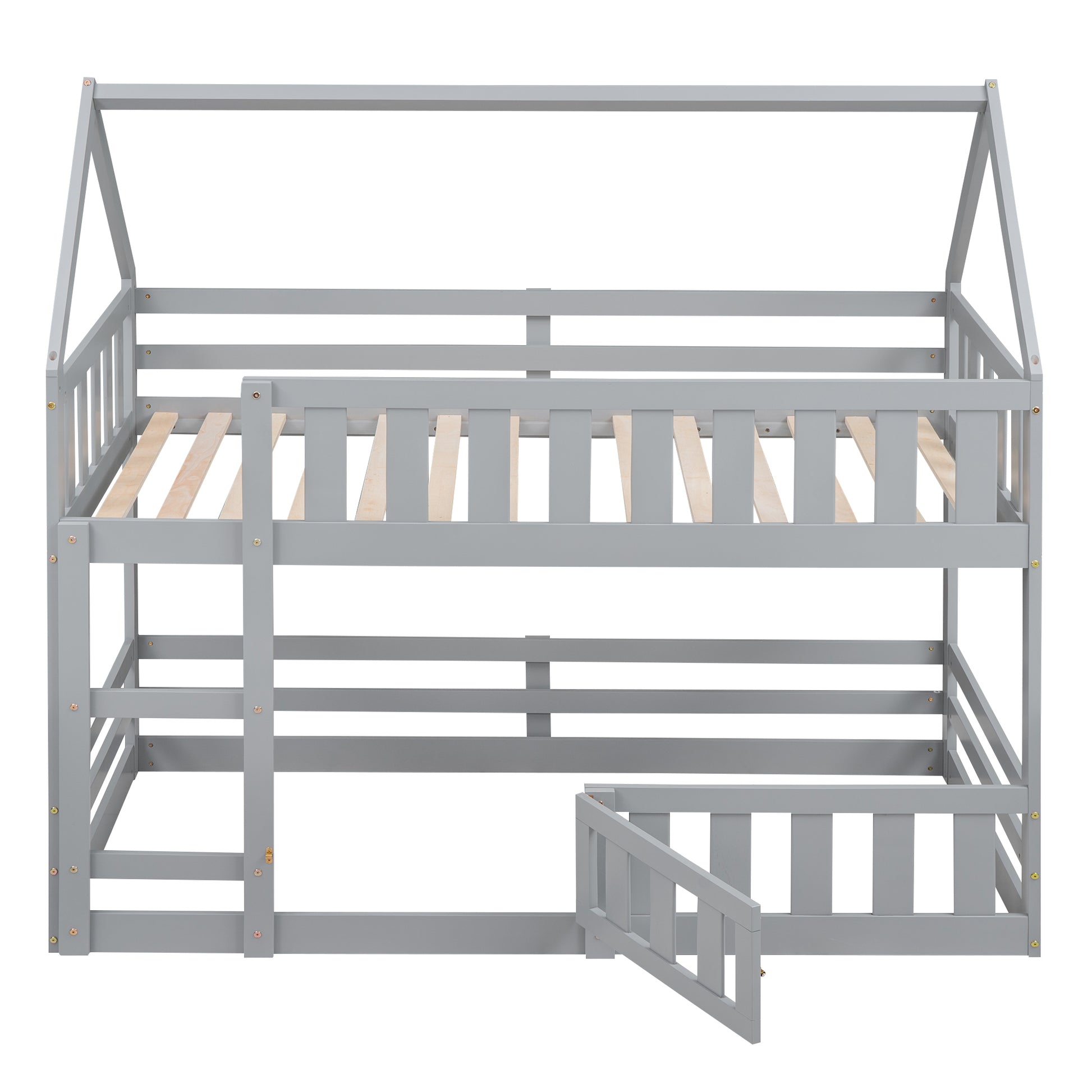 Gray wooden twin over twin bunk bed with house frame
