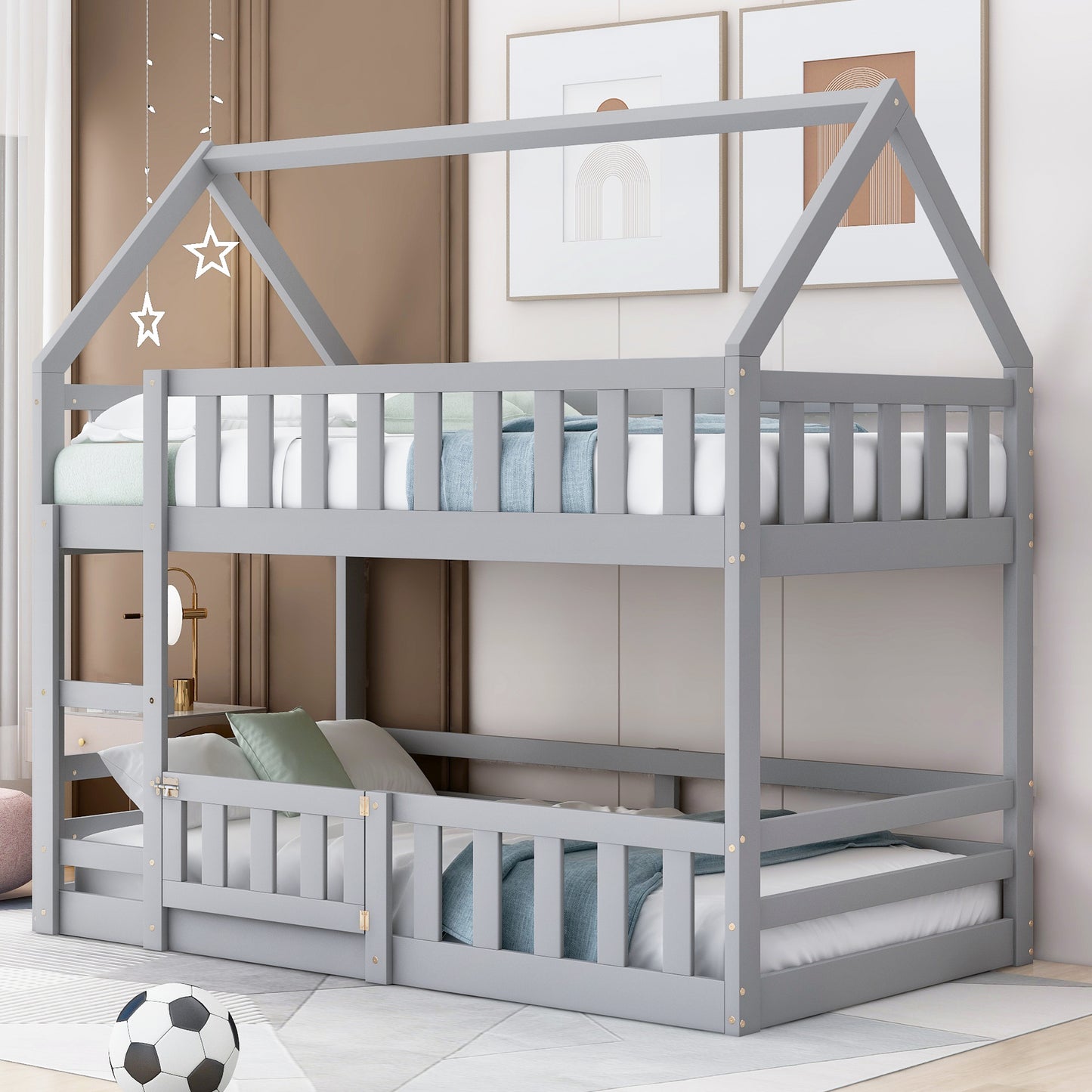 Grey wooden house bunk bed with guardrails and bedding