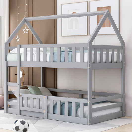 Grey wooden house bunk bed with guardrails and bedding