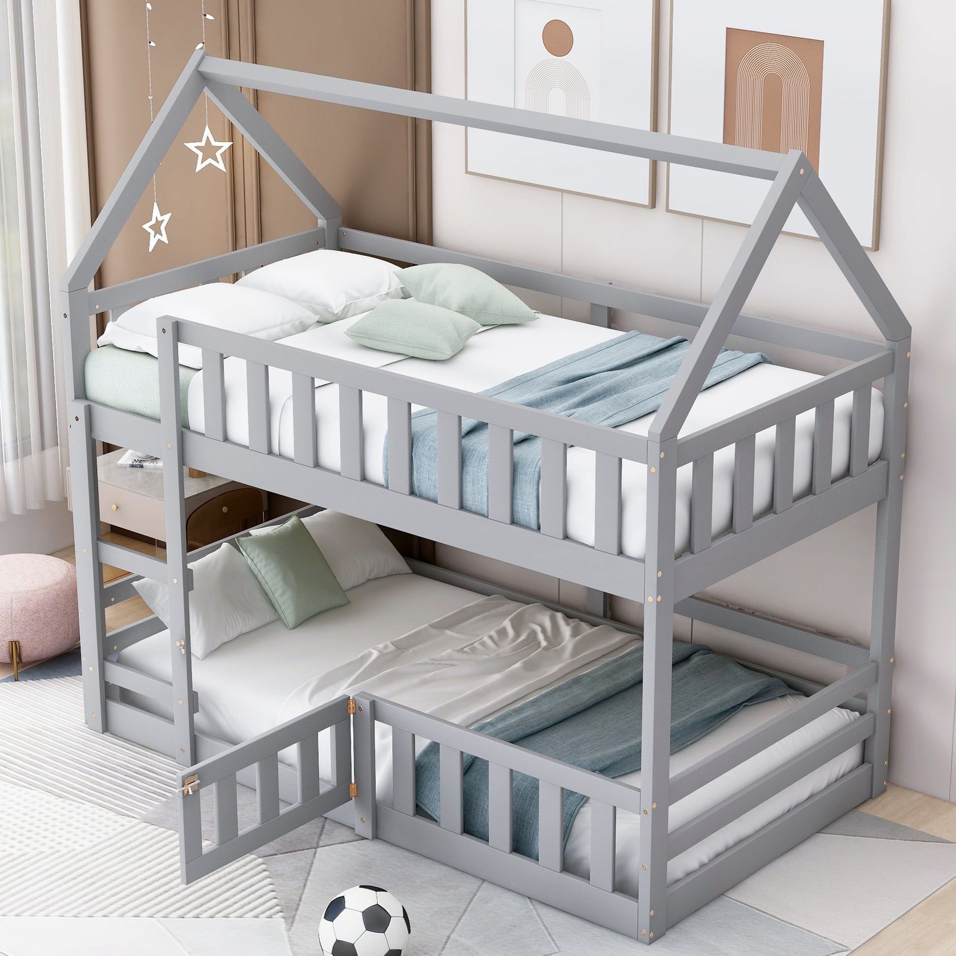 Gray twin over twin bunk bed with house frame