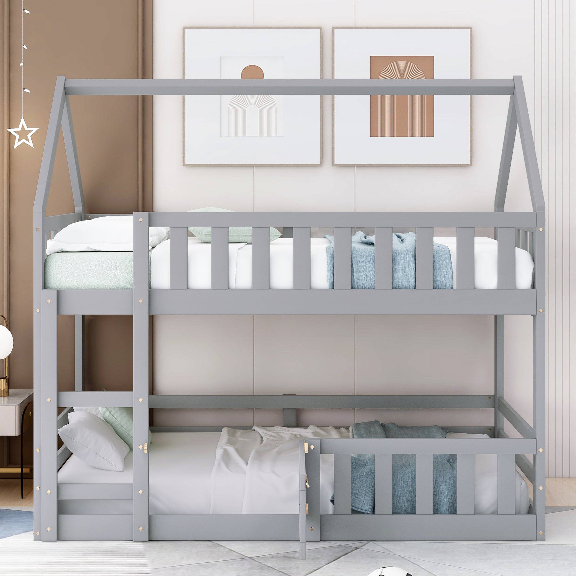 Grey wooden twin over twin bunk bed with house frame