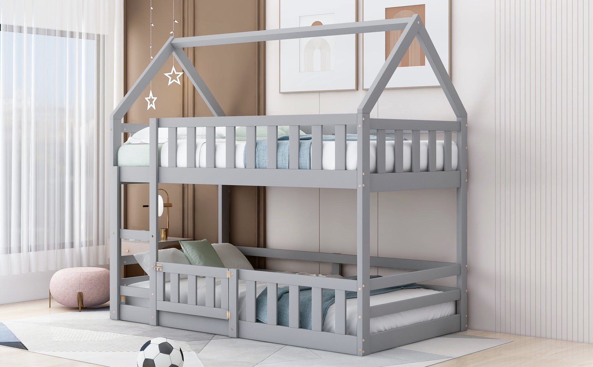 Gray wooden house bunk bed with guardrails and stars