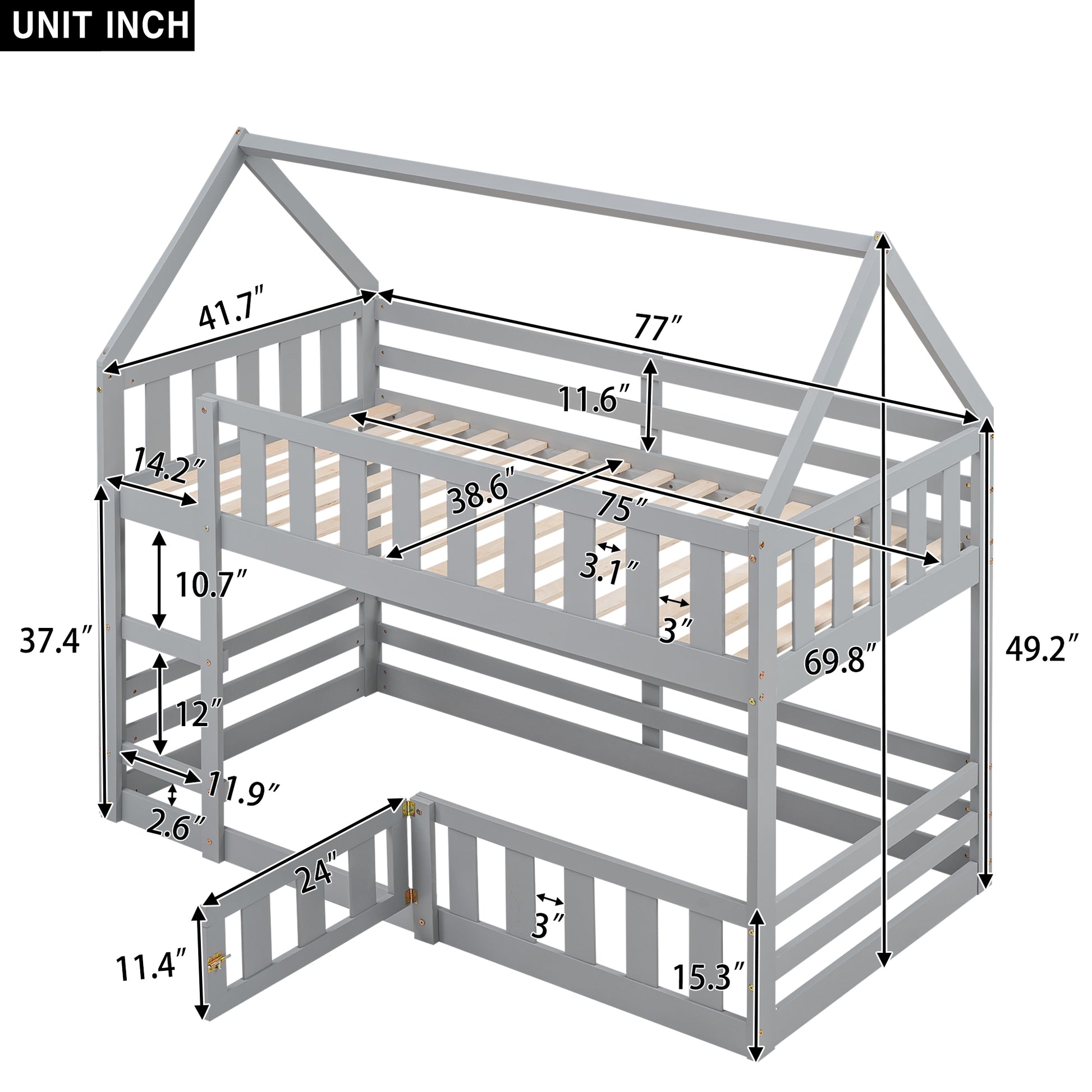 Gray wooden house bunk bed with dimensions and safety rails