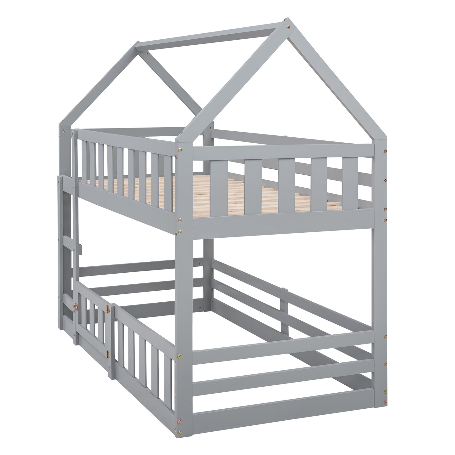 Gray wooden twin over twin bunk bed with house frame
