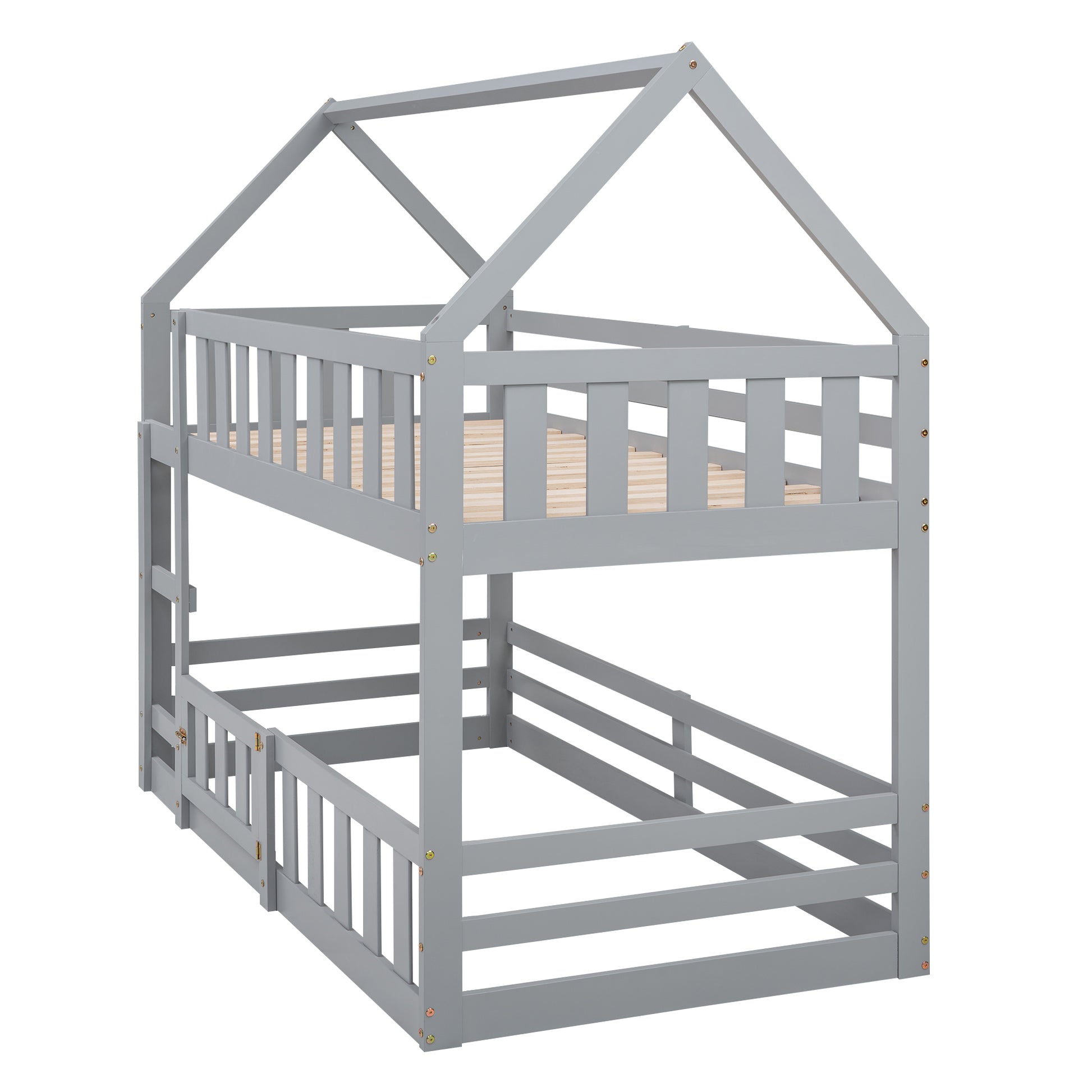 Gray wooden twin over twin bunk bed with house frame