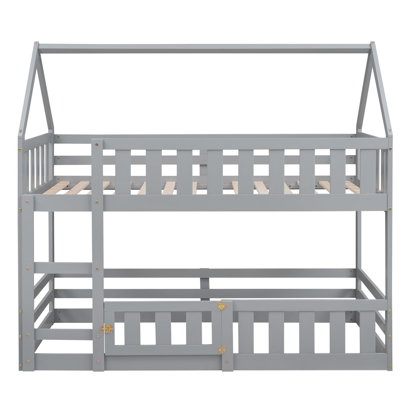 Gray wooden twin over twin bunk bed with houseshaped top frame and ladder