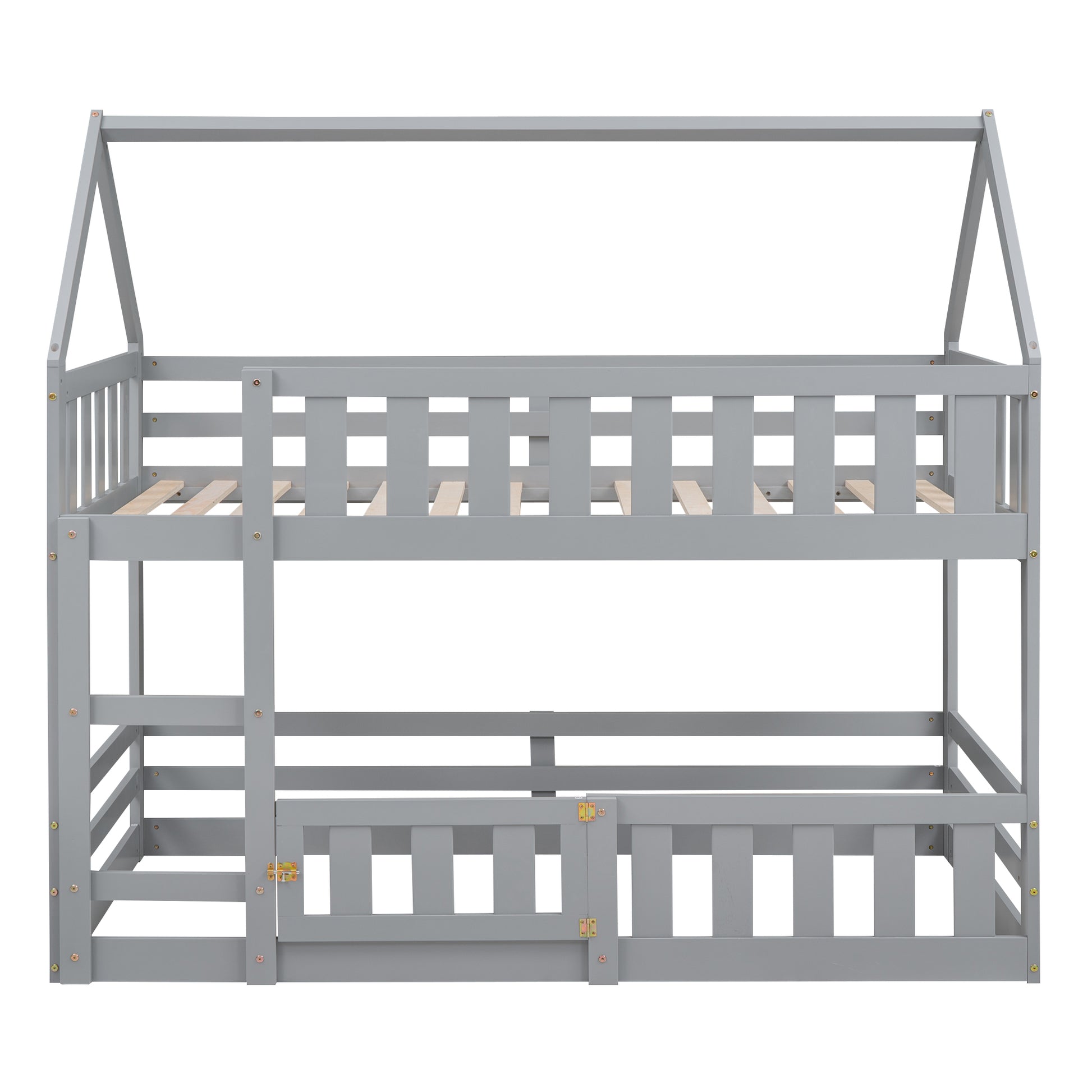Gray wooden twin over twin bunk bed with houseshaped top frame and ladder