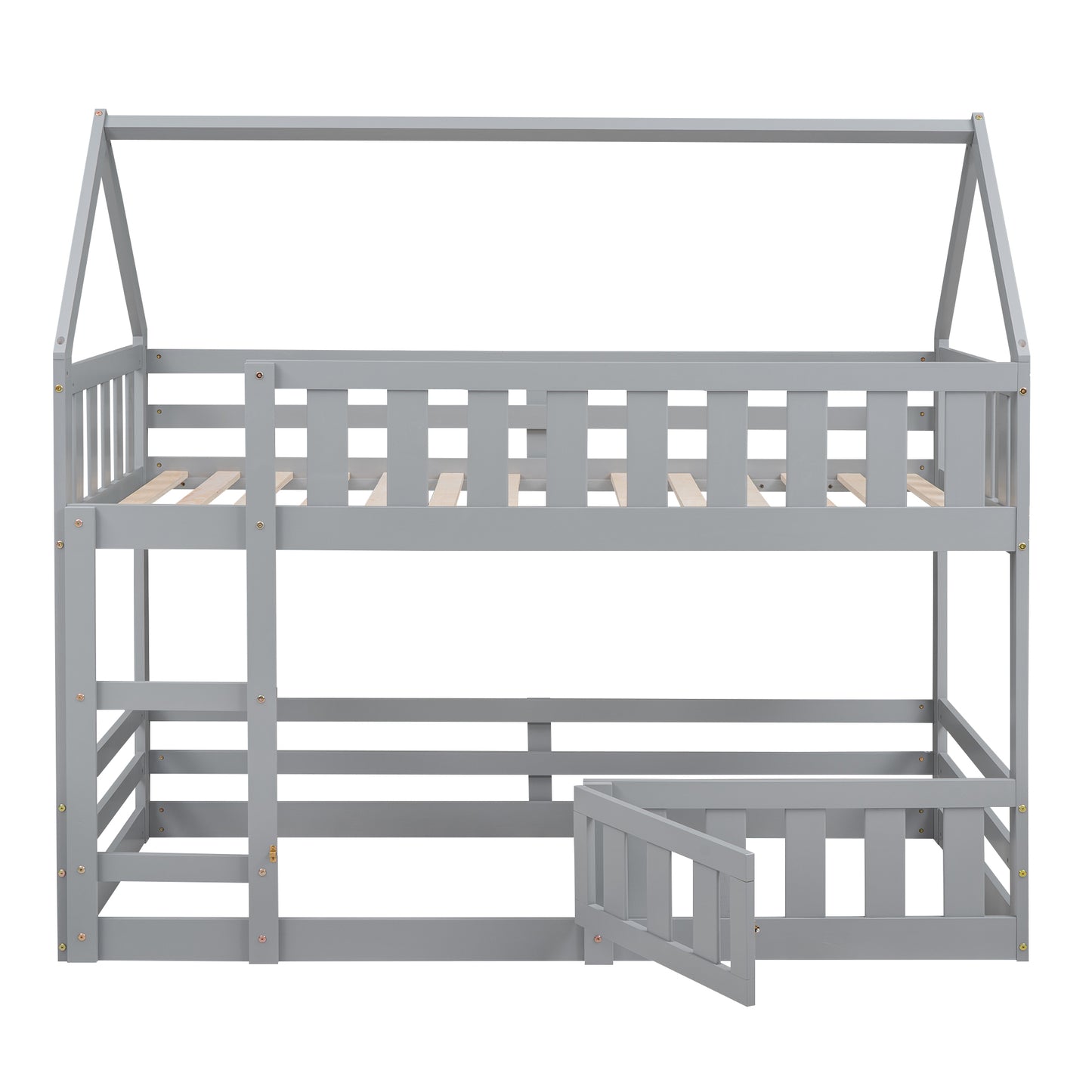 Gray wooden house bunk bed with ladder and open gate