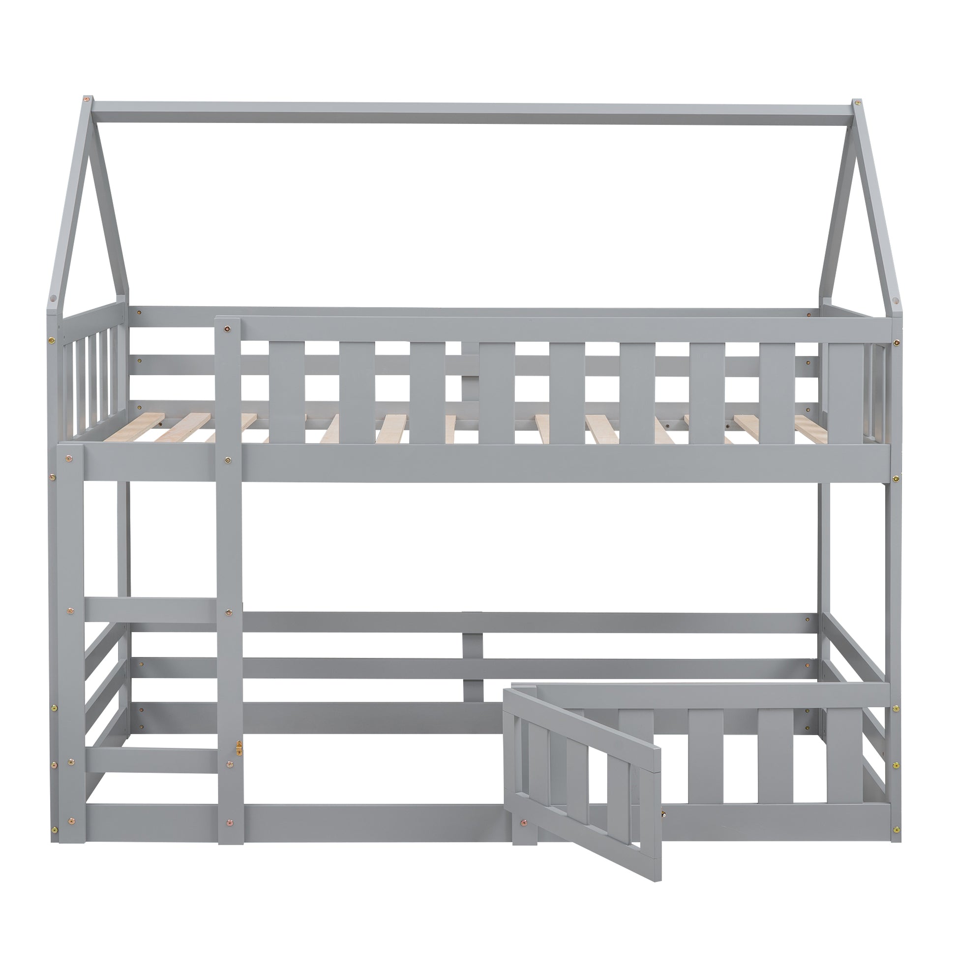 Gray wooden house bunk bed with ladder and open gate