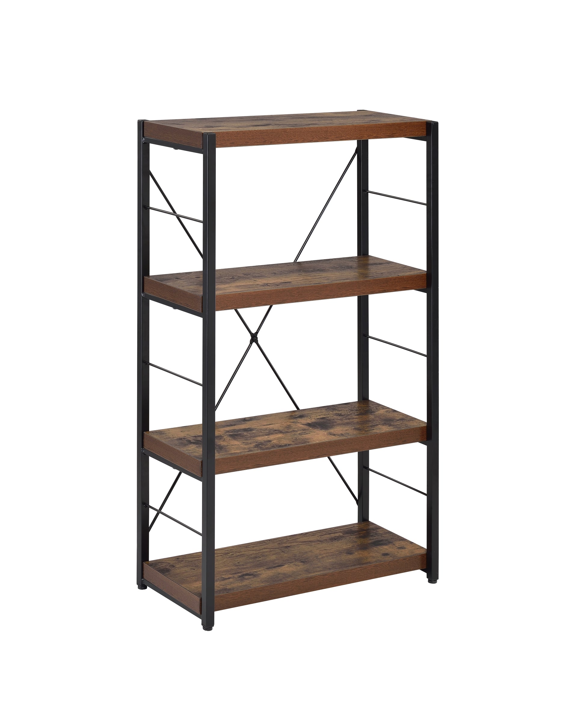 Rustic industrial fourshelf bookshelf with dark wood and black metal frame