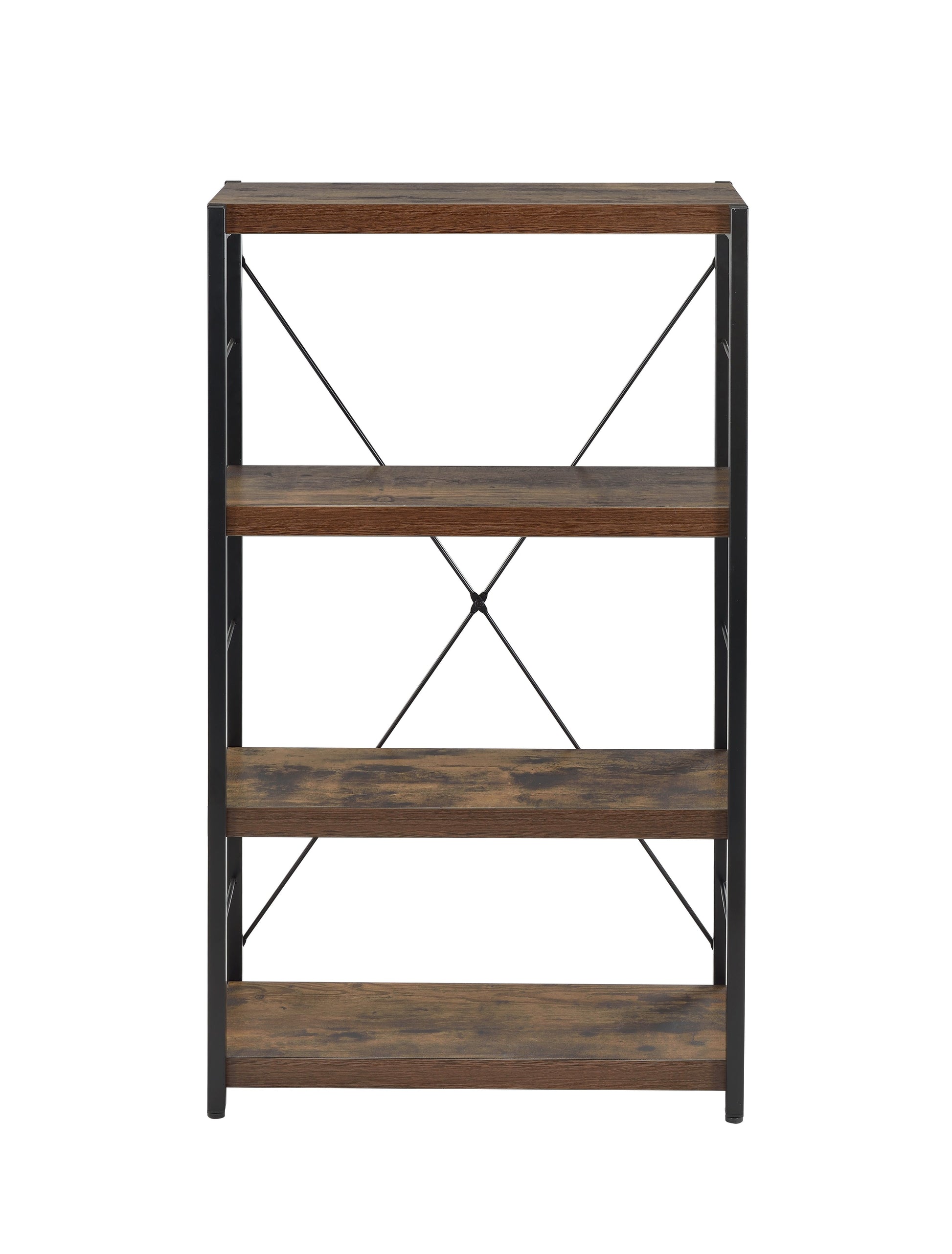 Rustic brown shelf bookcase with black metal frame and cross bracing