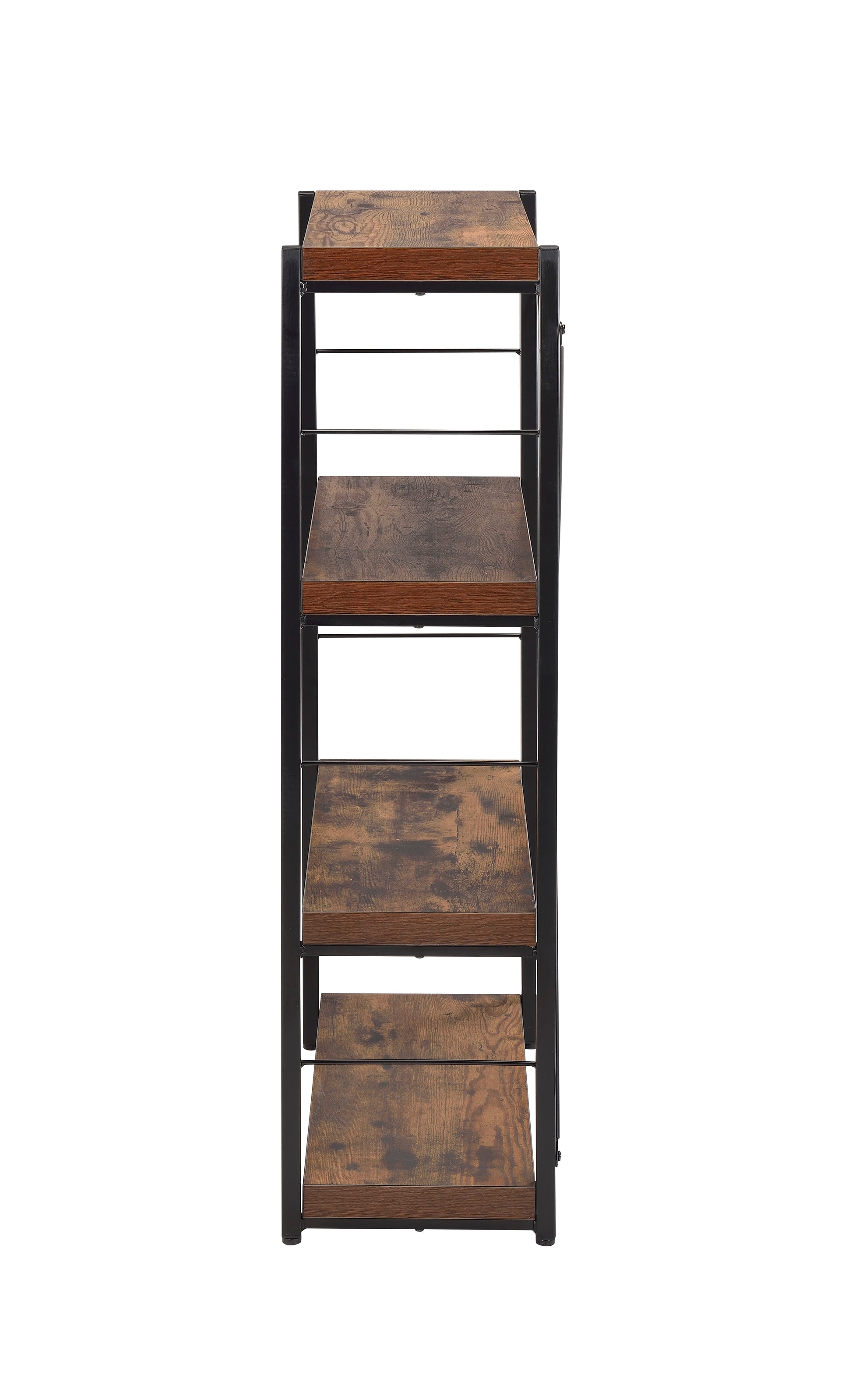 Rustic tier bookshelf with dark wood shelves and black metal frame