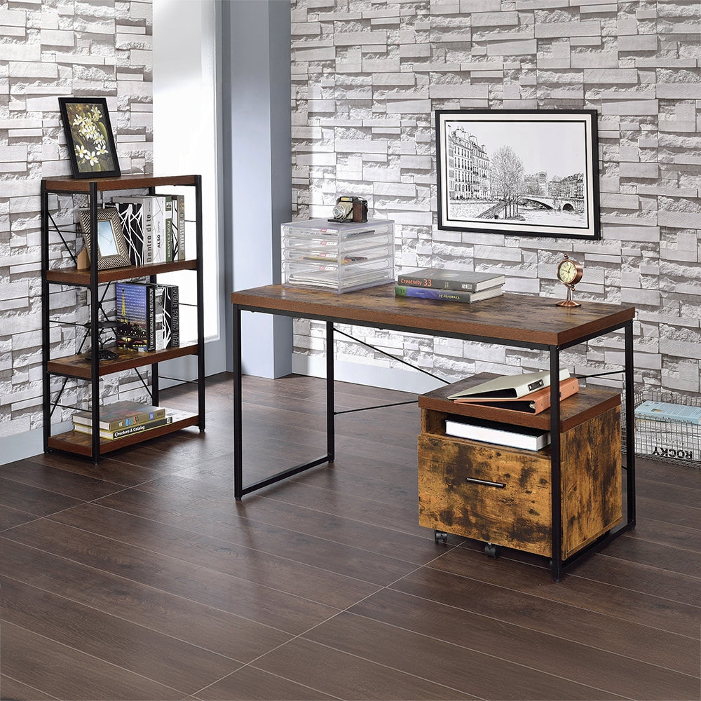 Rustic wood and metal computer desk with rolling file cabinet