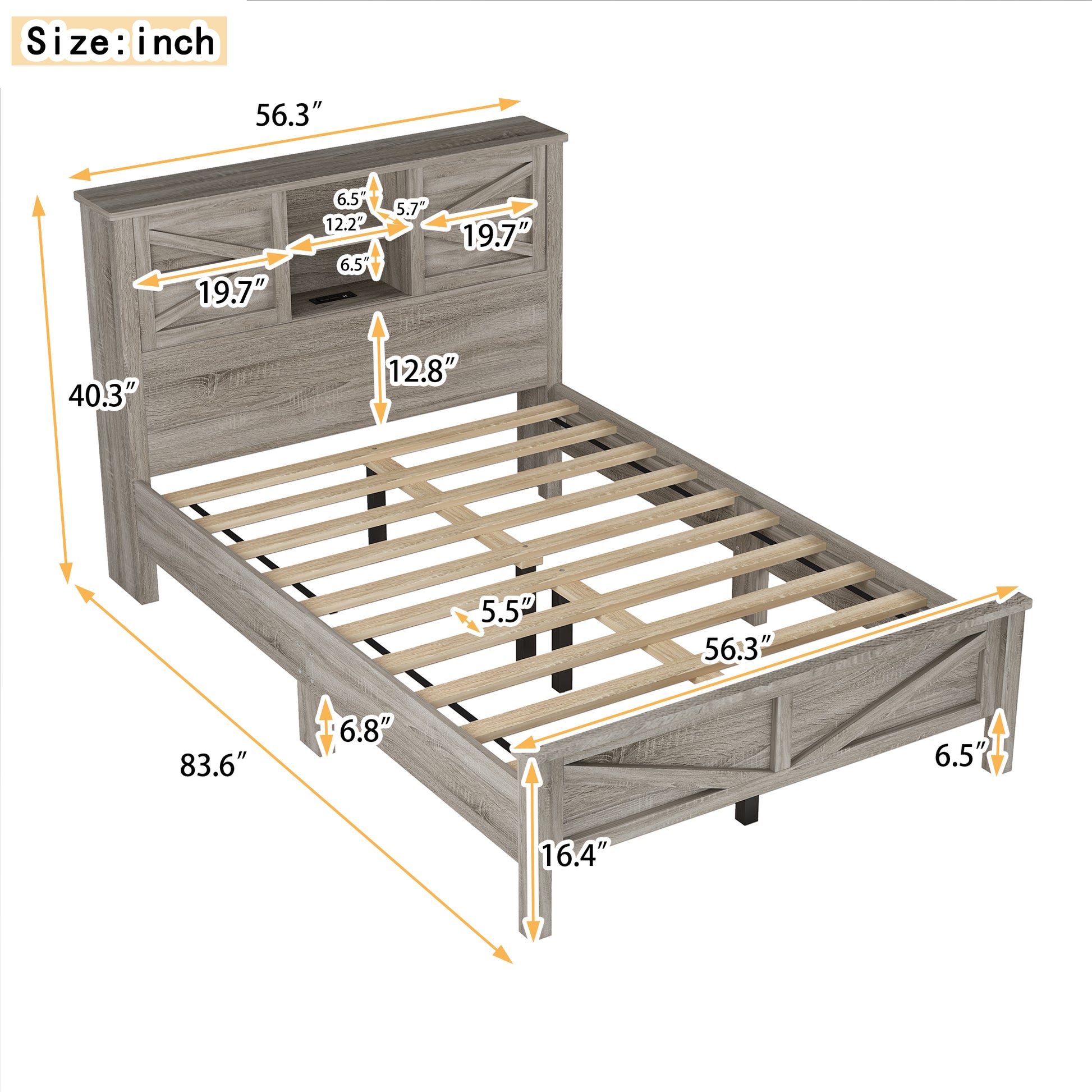Grey wood king bed frame with integrated headboard storage and power outlet