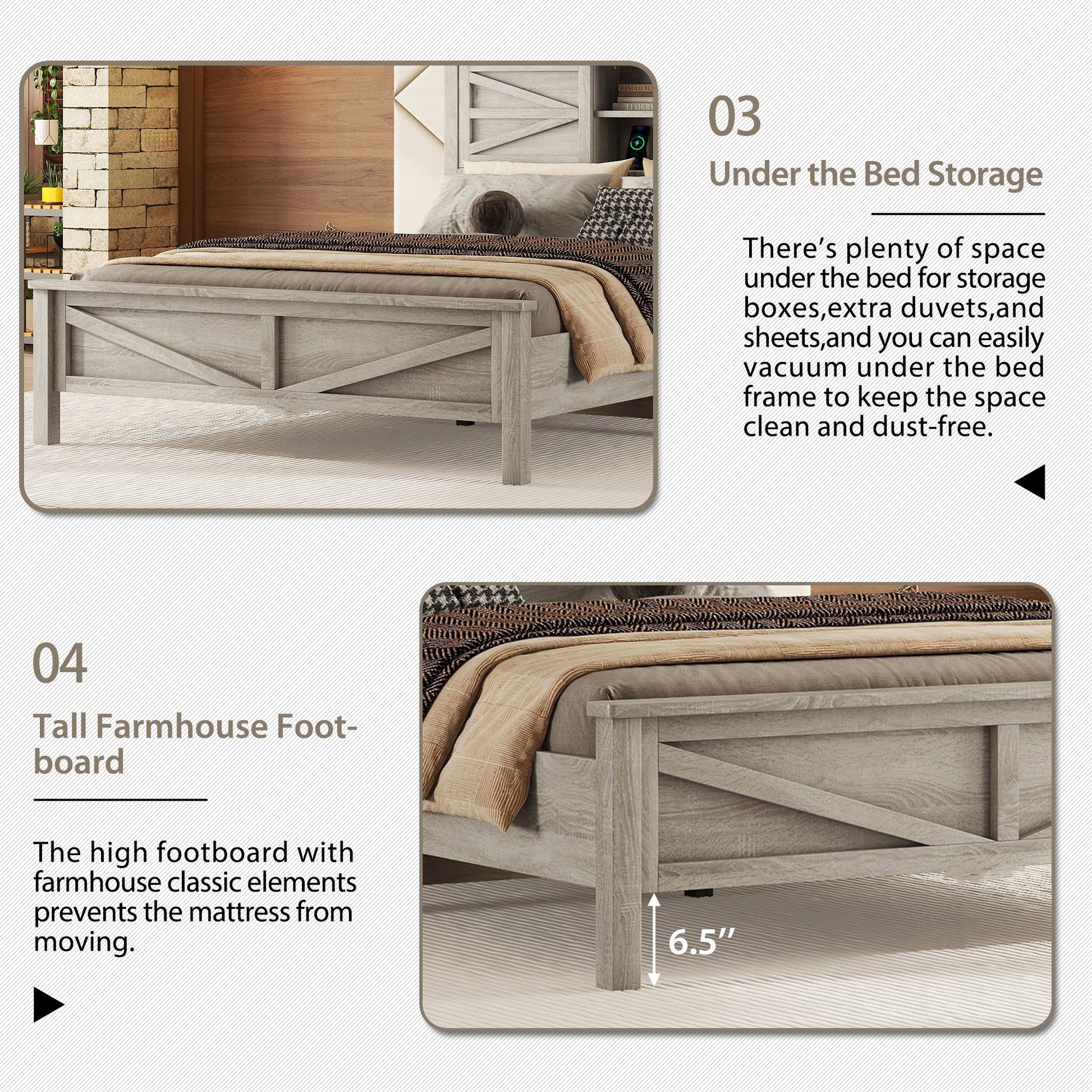 Gray wood farmhouse bed frame with ample underbed storage space