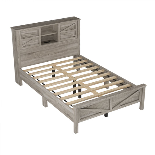 Rustic gray wood twin bed frame with headboard storage and USB ports