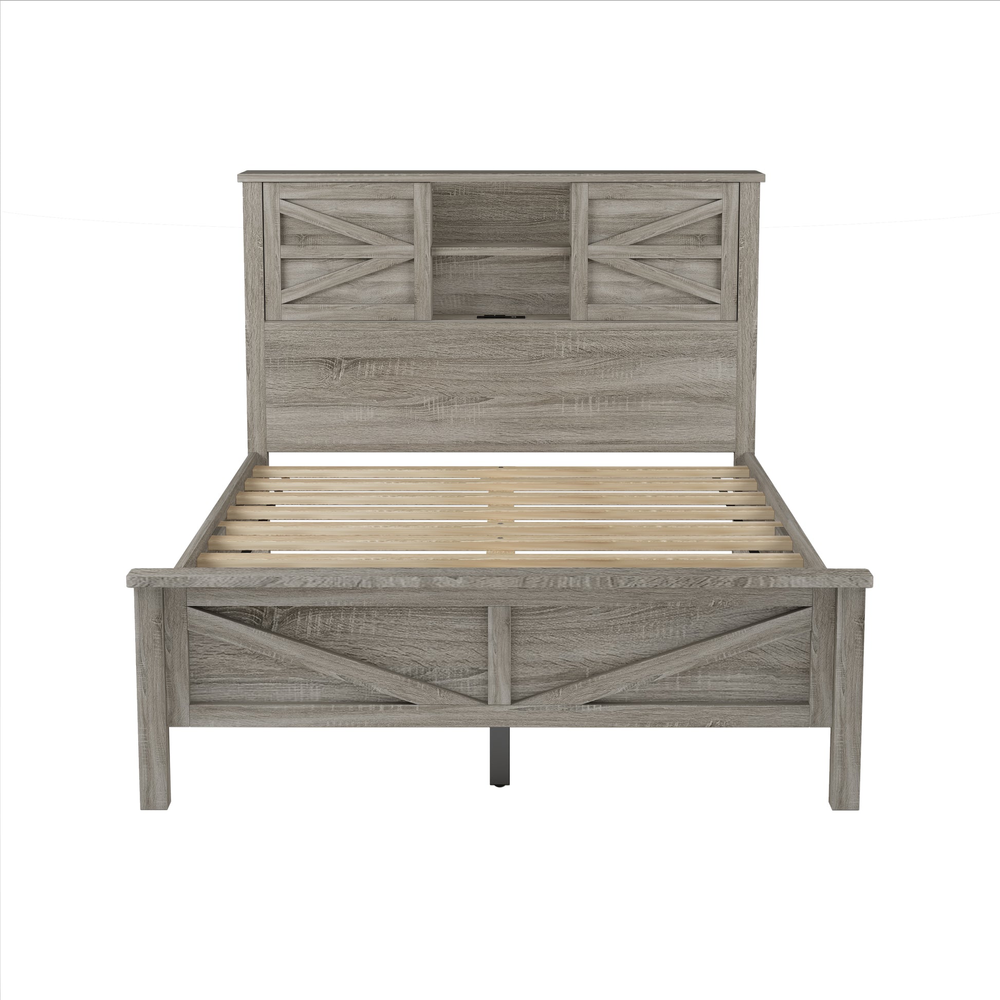 Rustic gray wooden full bed frame with barn door headboard design