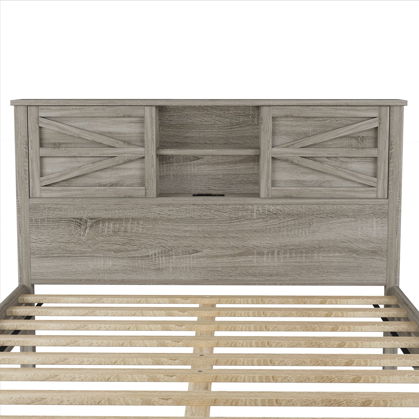 Gray wood panel bed frame with builtin shelving