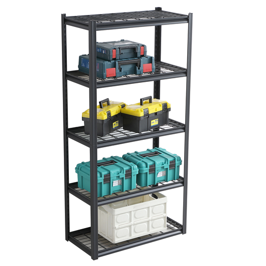 Black metal tier storage rack loaded with toolboxes and a crate