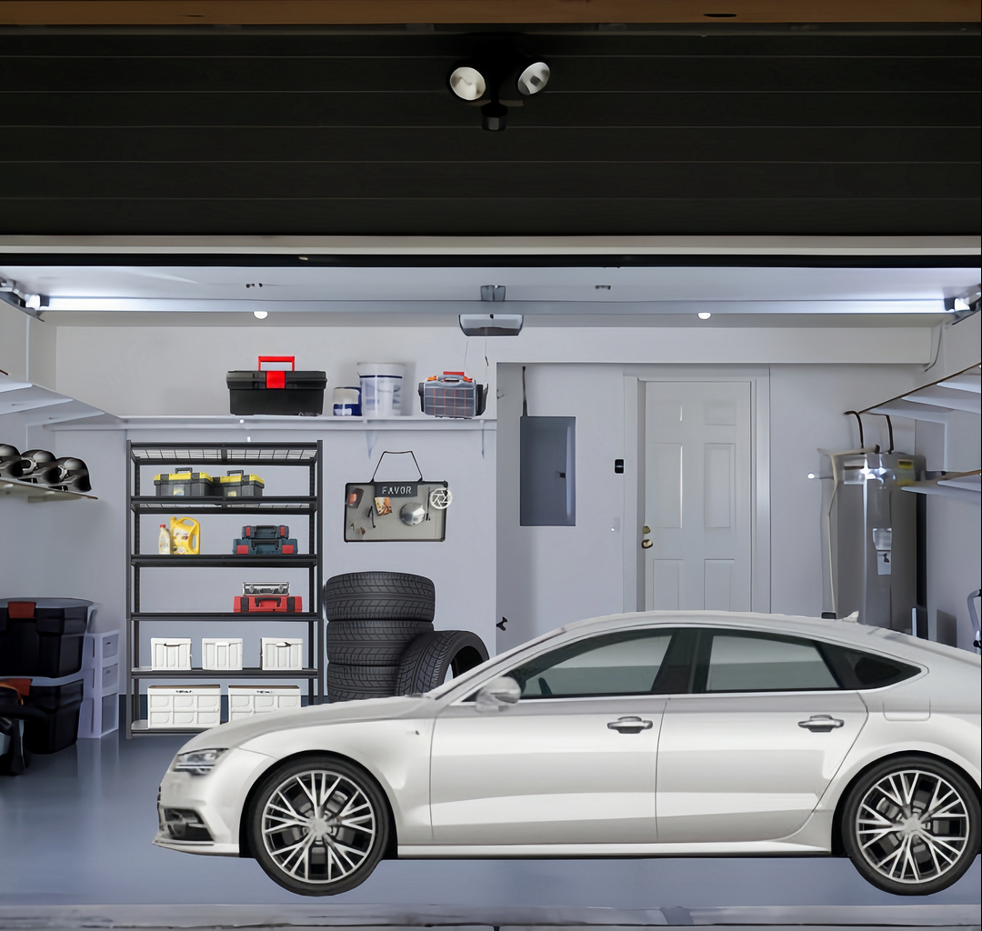 Silver sedan parked in a modern garage