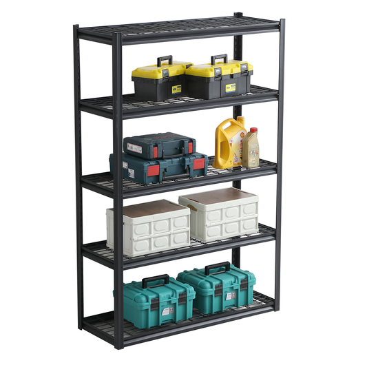 Black metal shelving unit with organized storage bins toolboxes and liquid containers