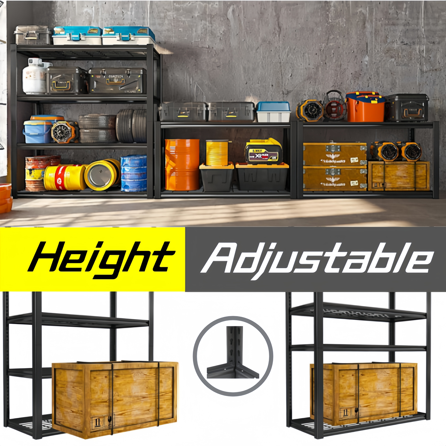Black metal storage rack with blue and grey toolboxes on top shelf