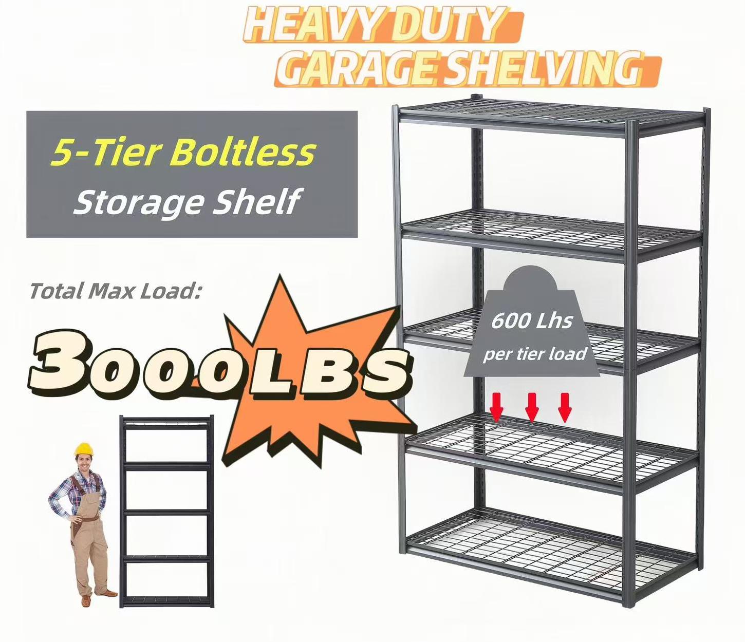 Heavy duty tier boltless garage shelving unit with wire racks  lbs max load