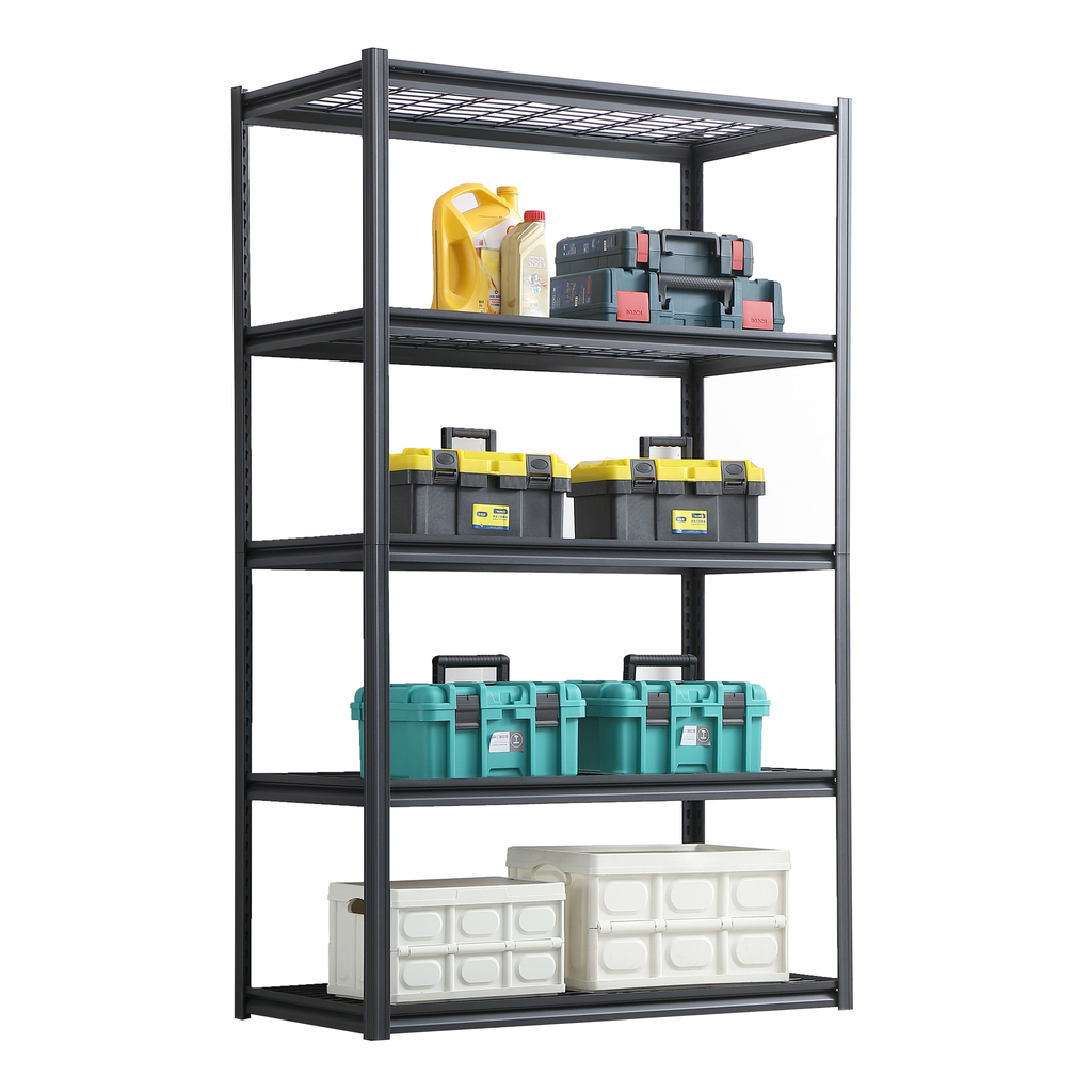 Heavyduty gray metal shelving unit holding various toolboxes and storage bins