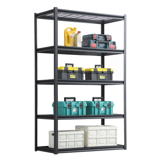 Heavyduty gray metal shelving unit holding various toolboxes and storage bins