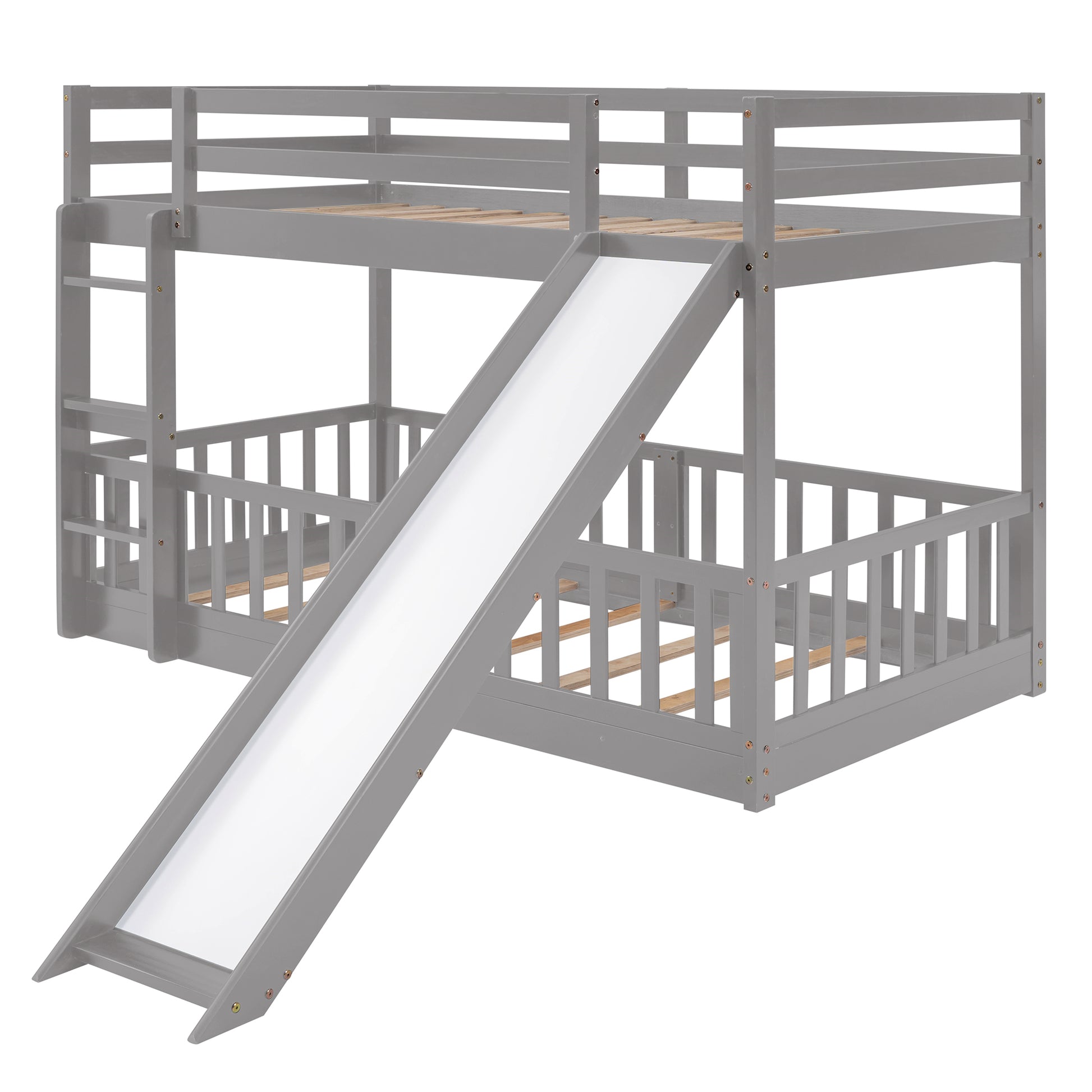 Gray wooden bunk bed with integrated slide and safety rails