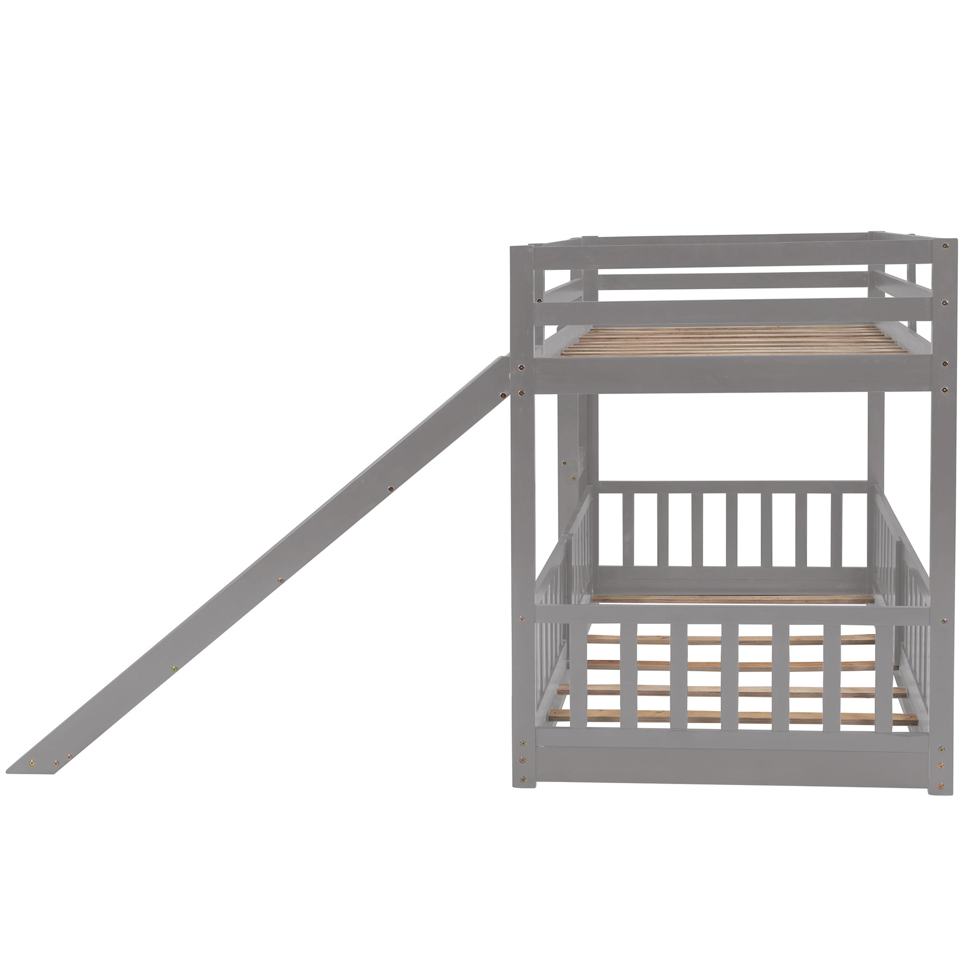 Gray wooden twin over twin bunk bed with slide for kids