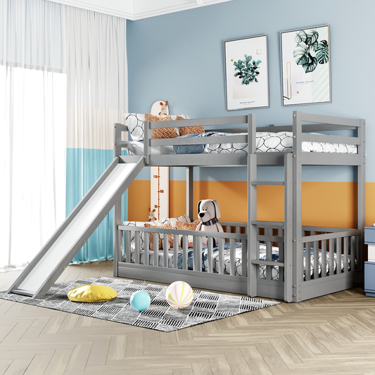 Gray wooden twinovertwin bunk bed with slide for kids