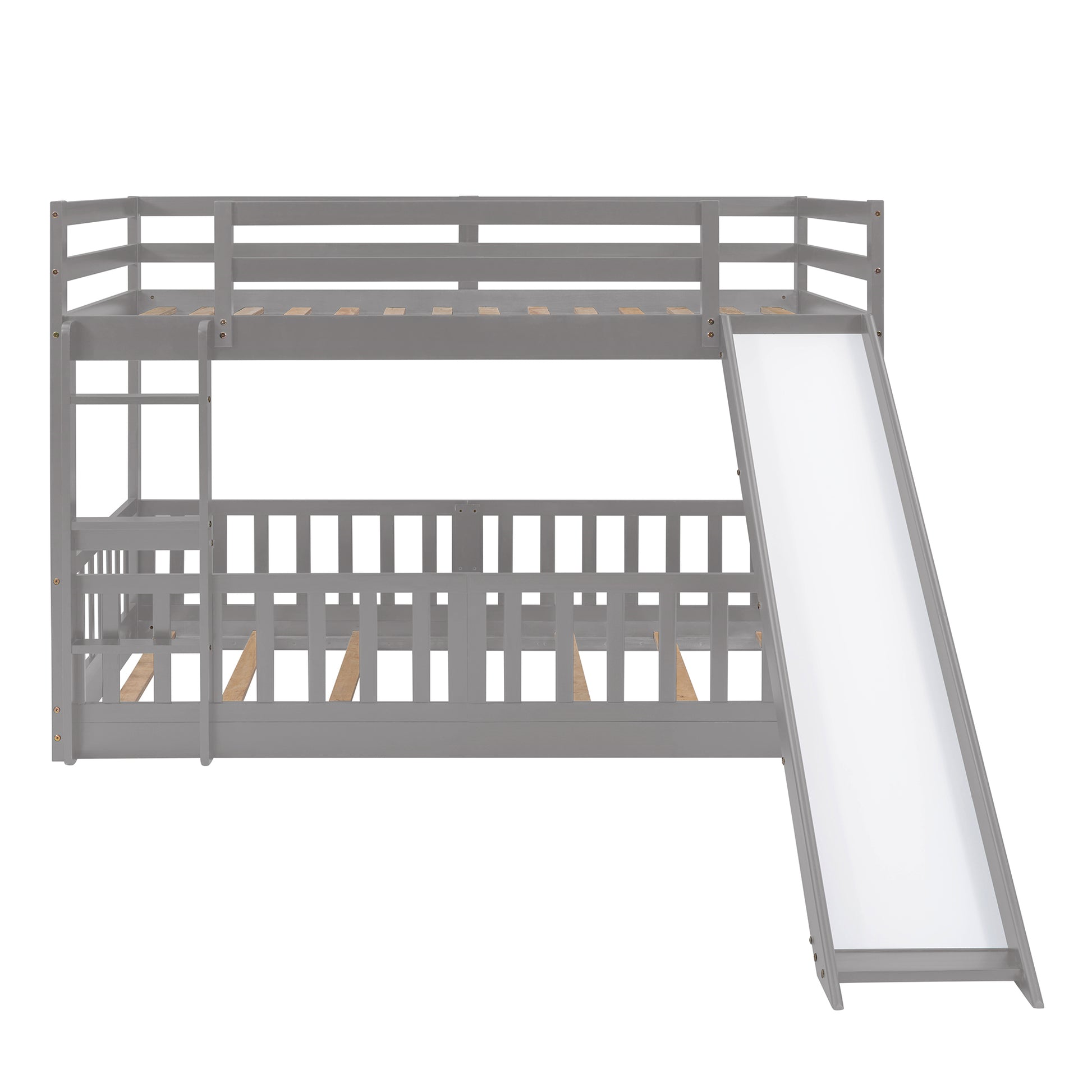Gray wooden twin over twin bunk bed with ladder and slide for kids room