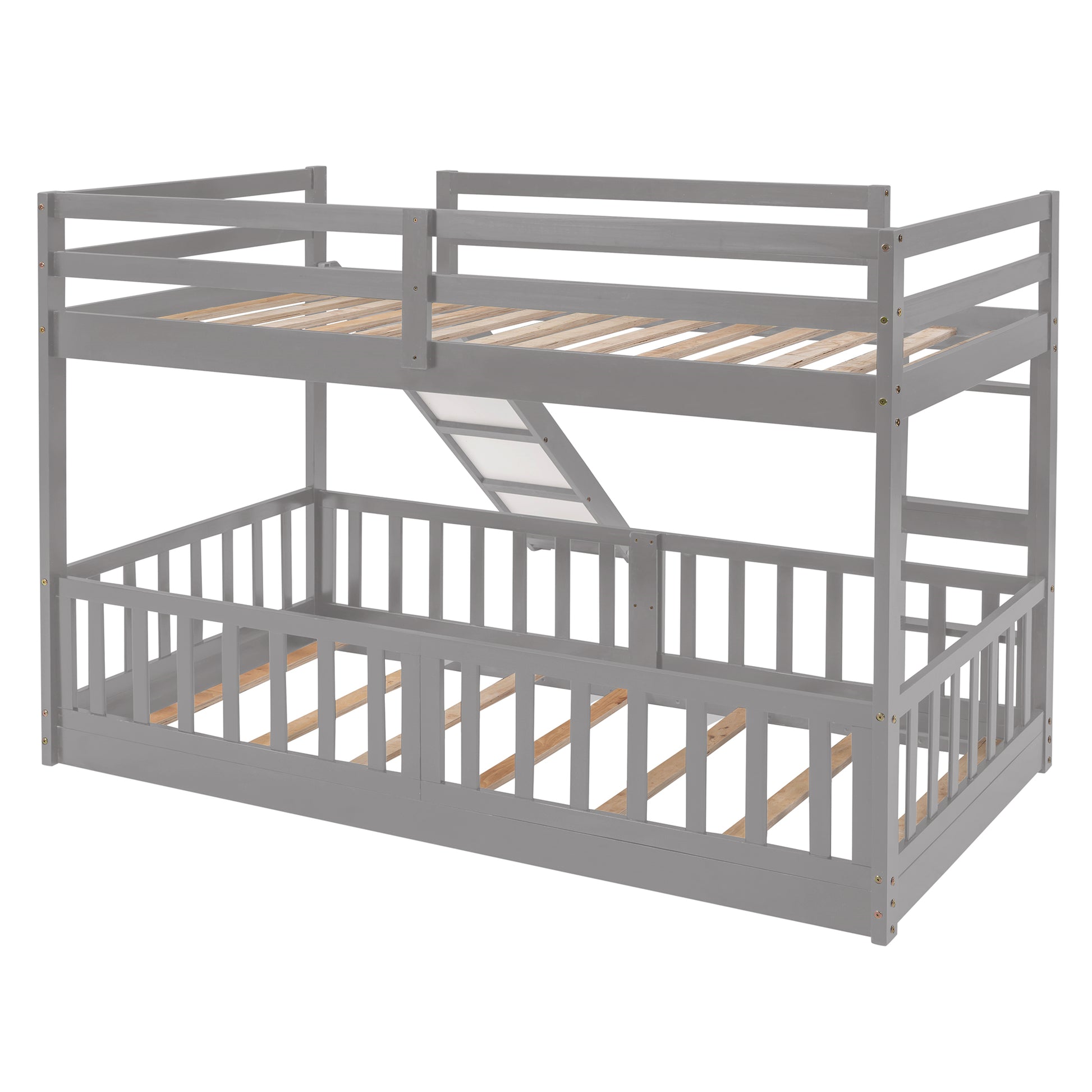 Gray wooden twin over twin bunk bed with ladder