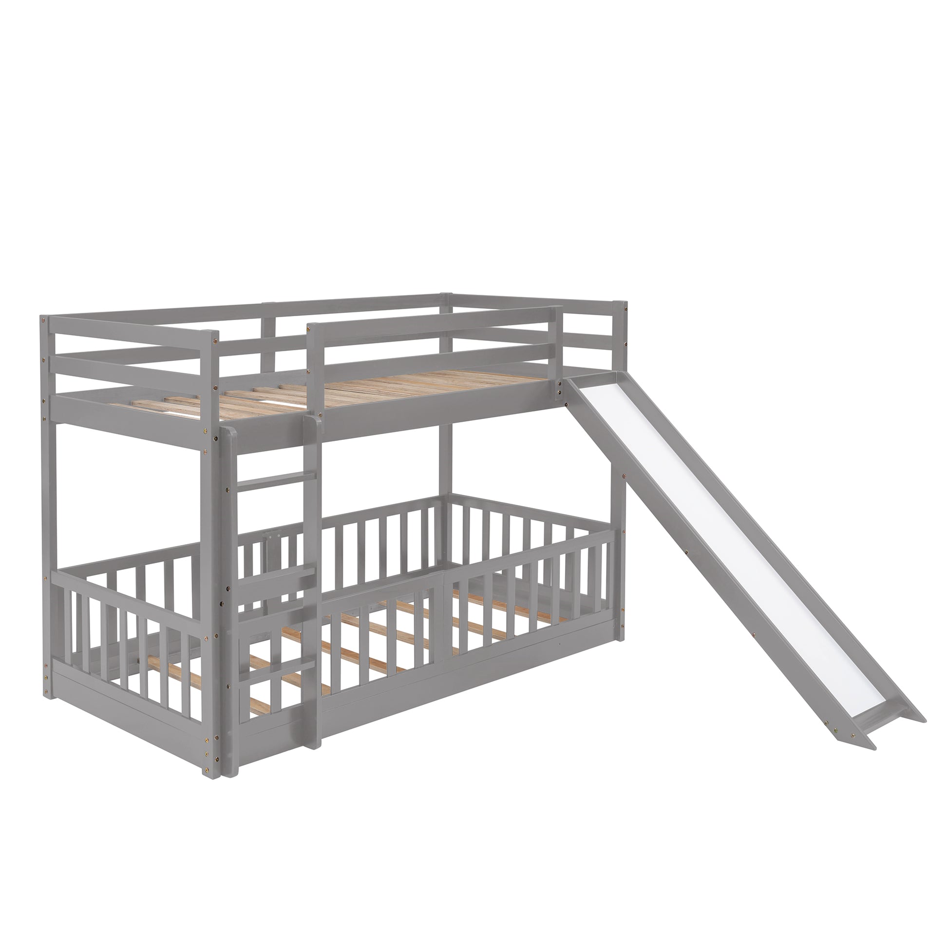 Grey wooden twin over twin bunk bed with slide