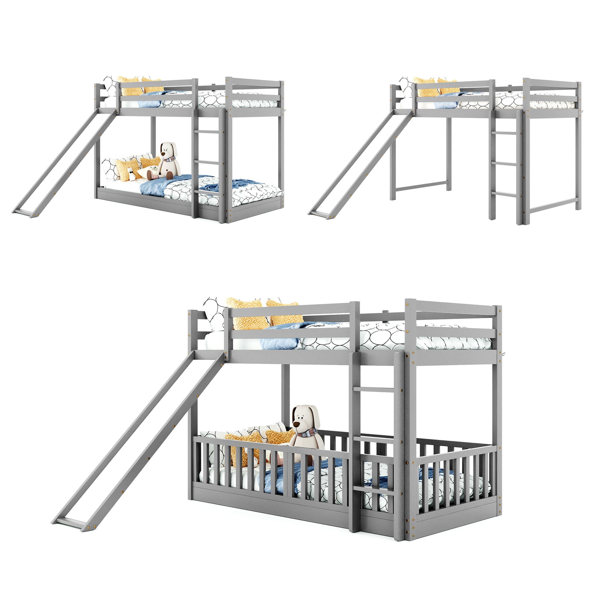 Gray wooden bunk bed with slide and guardrail
