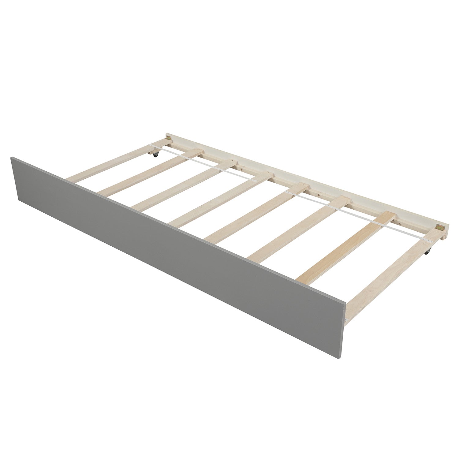 Gray wooden bed frame with slatted base and wheels suitable for toddler beds