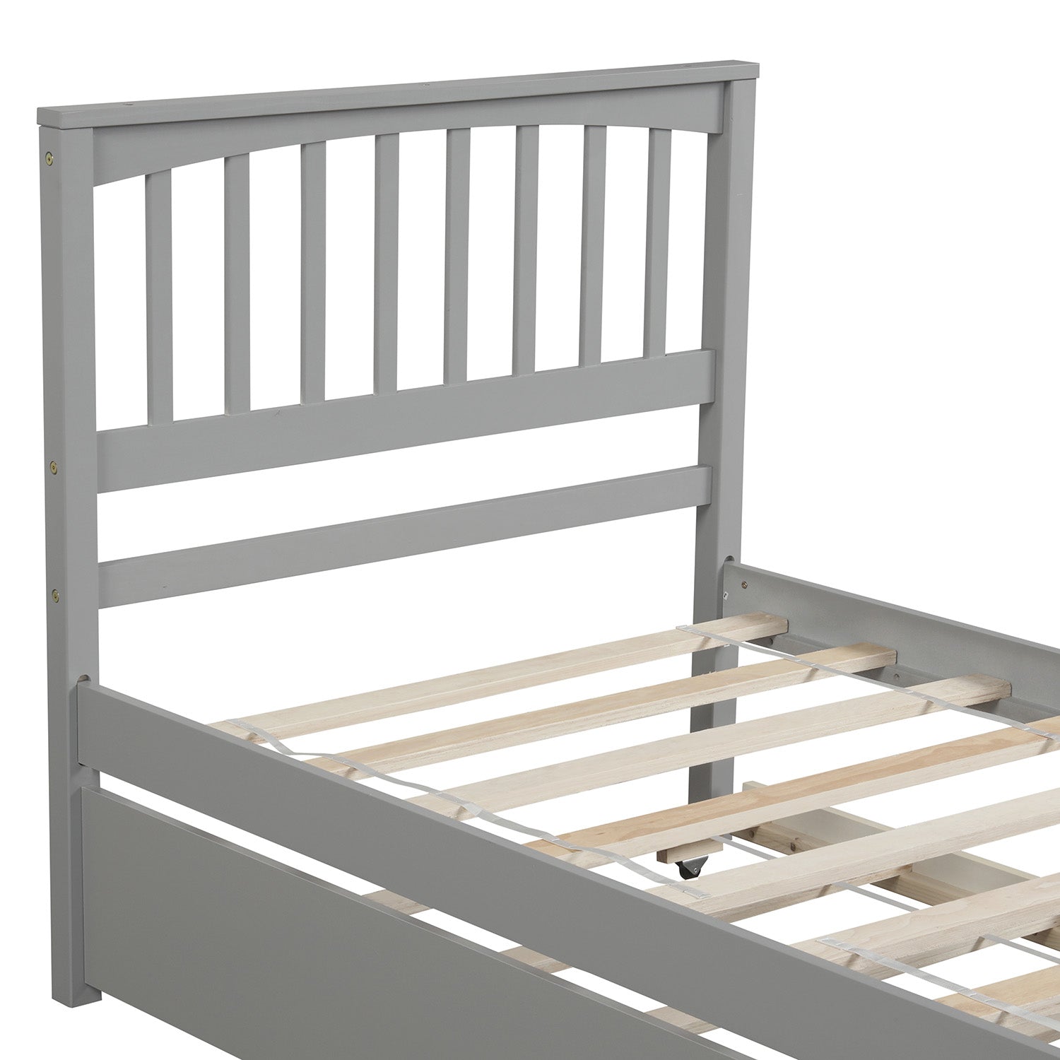 Grey twin bed frame with slatted headboard and wooden slats