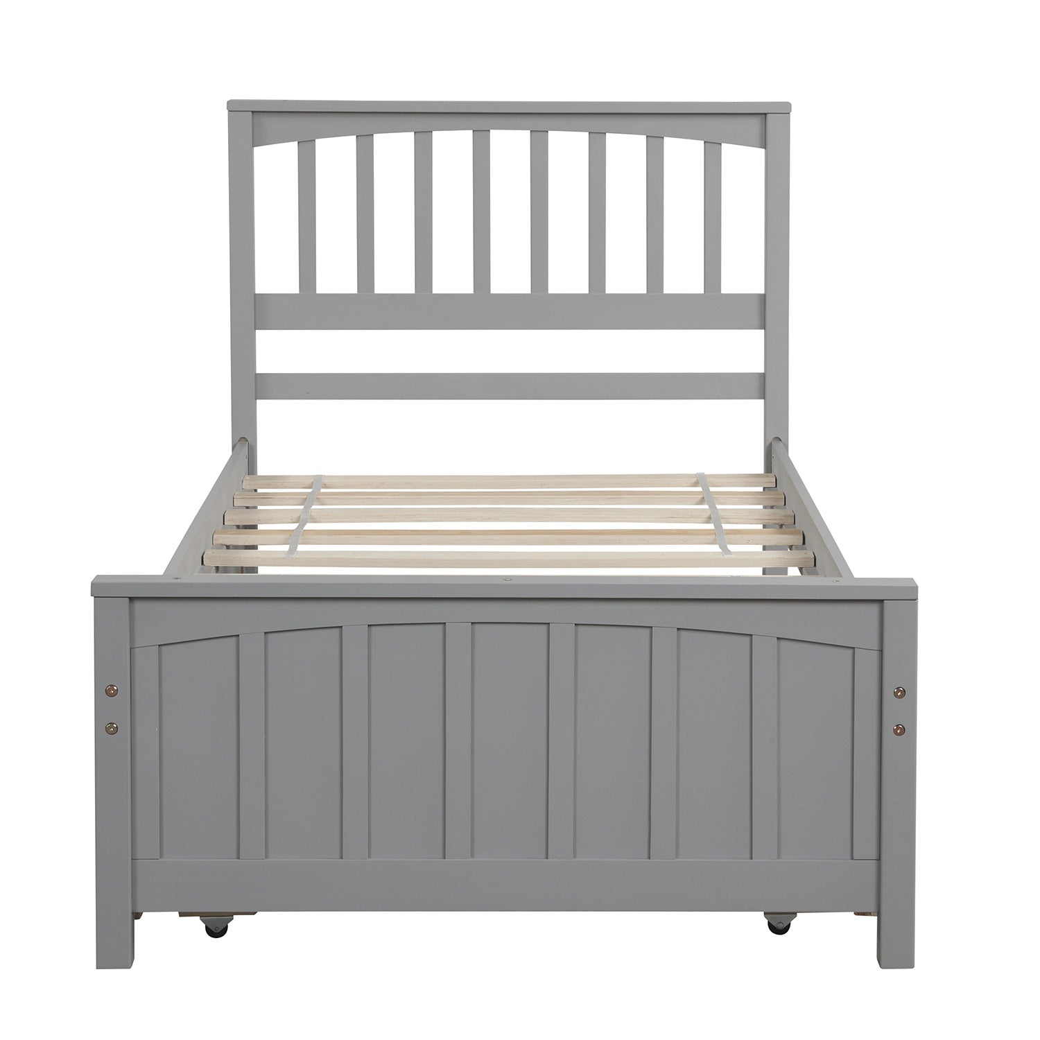 Grey wooden twin bed frame with slatted headboard and footboard