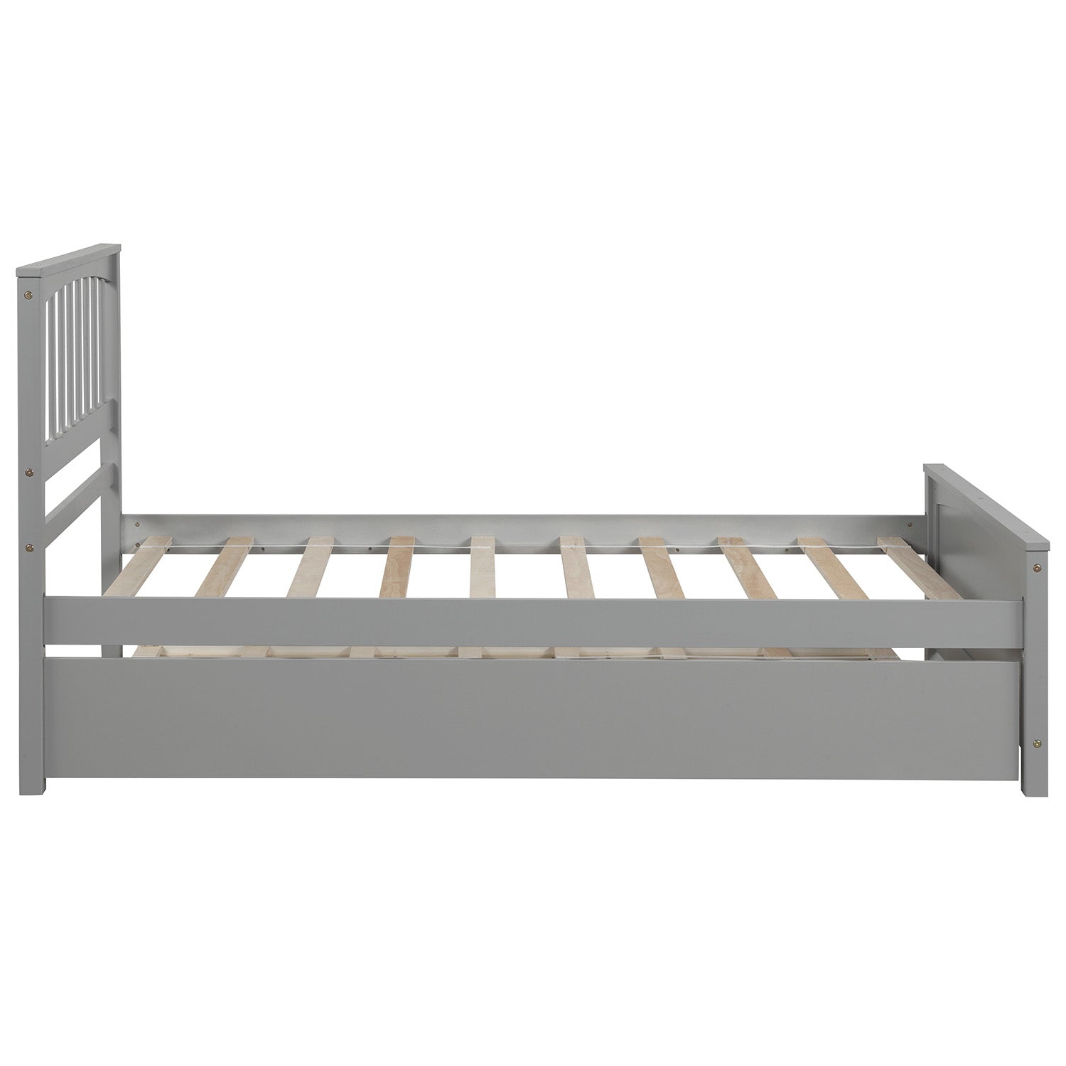 Grey wooden twin bed frame with slatted base and spindle headboard