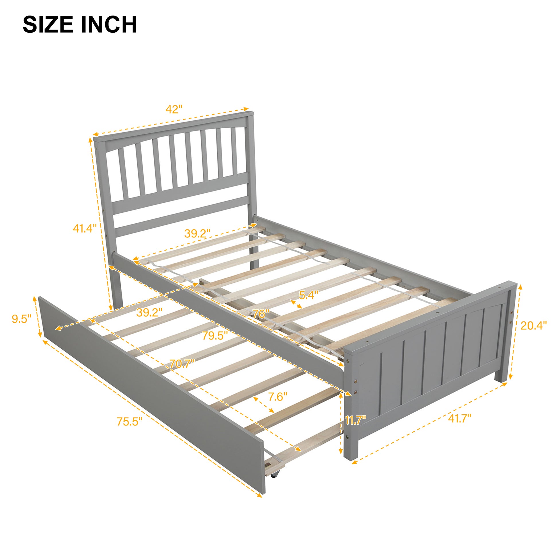 Gray twin bed frame with pullout trundle and slatted base  L