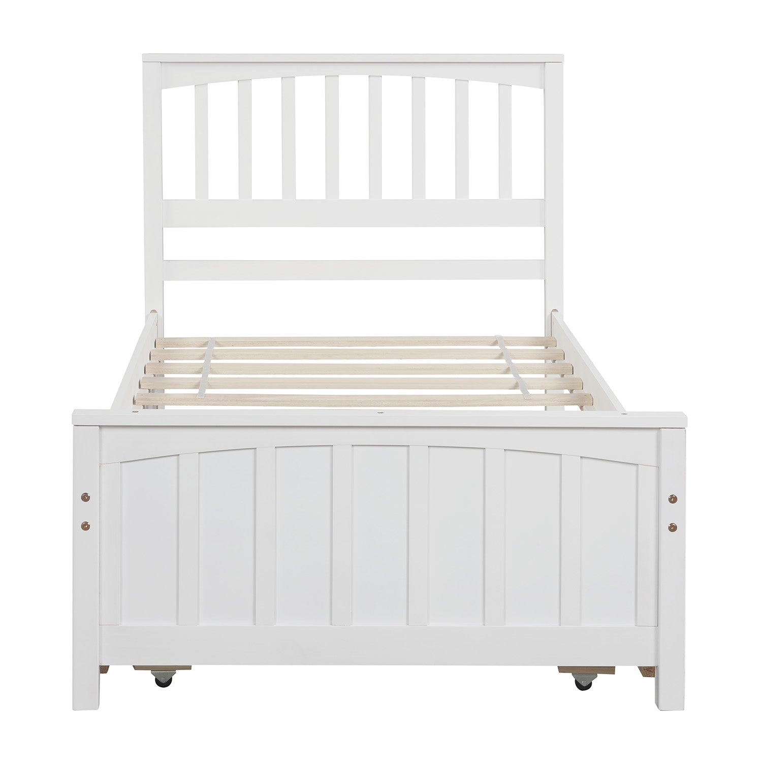 White twin bed frame with arched headboard and footboard