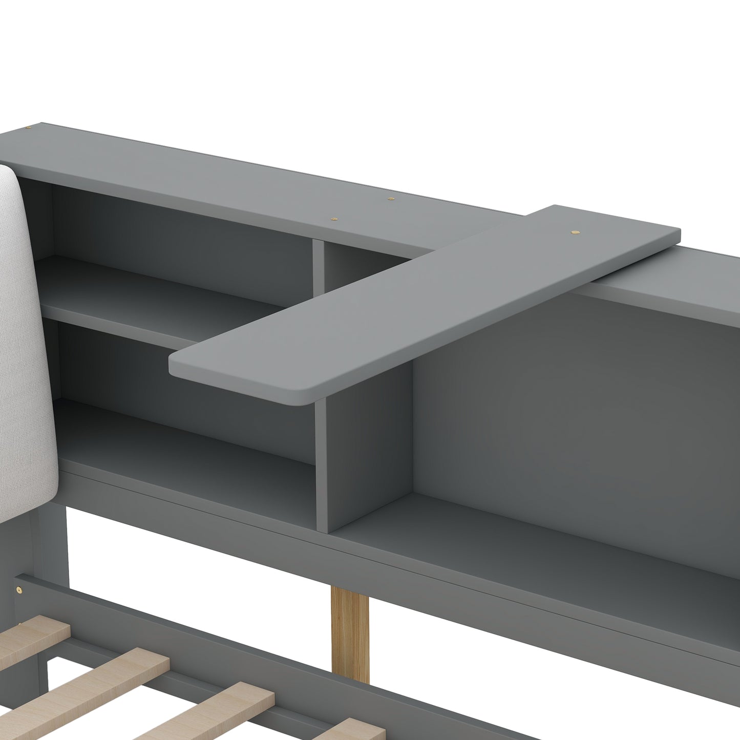 Gray wooden bunk bed with builtin storage shelves and a pullout desk