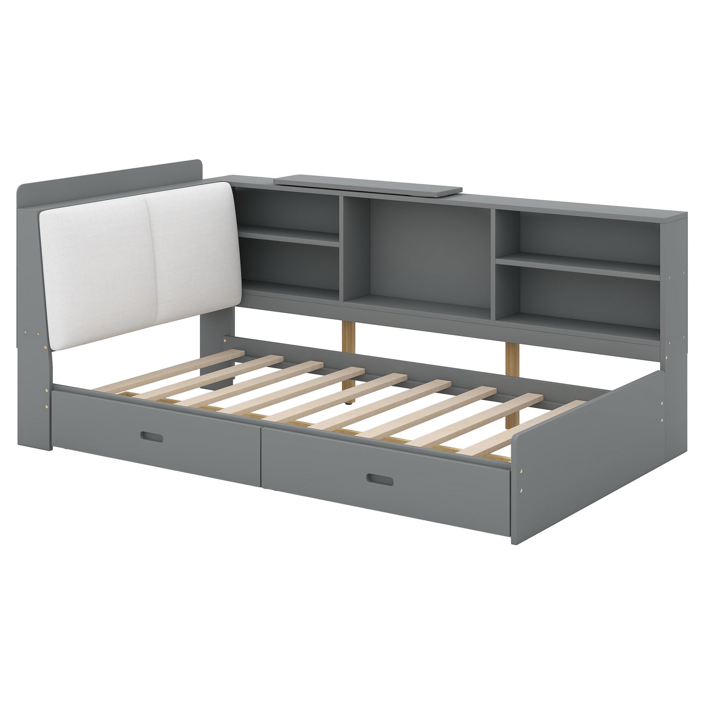 Grey twin daybed with storage drawers and headboard bookshelf