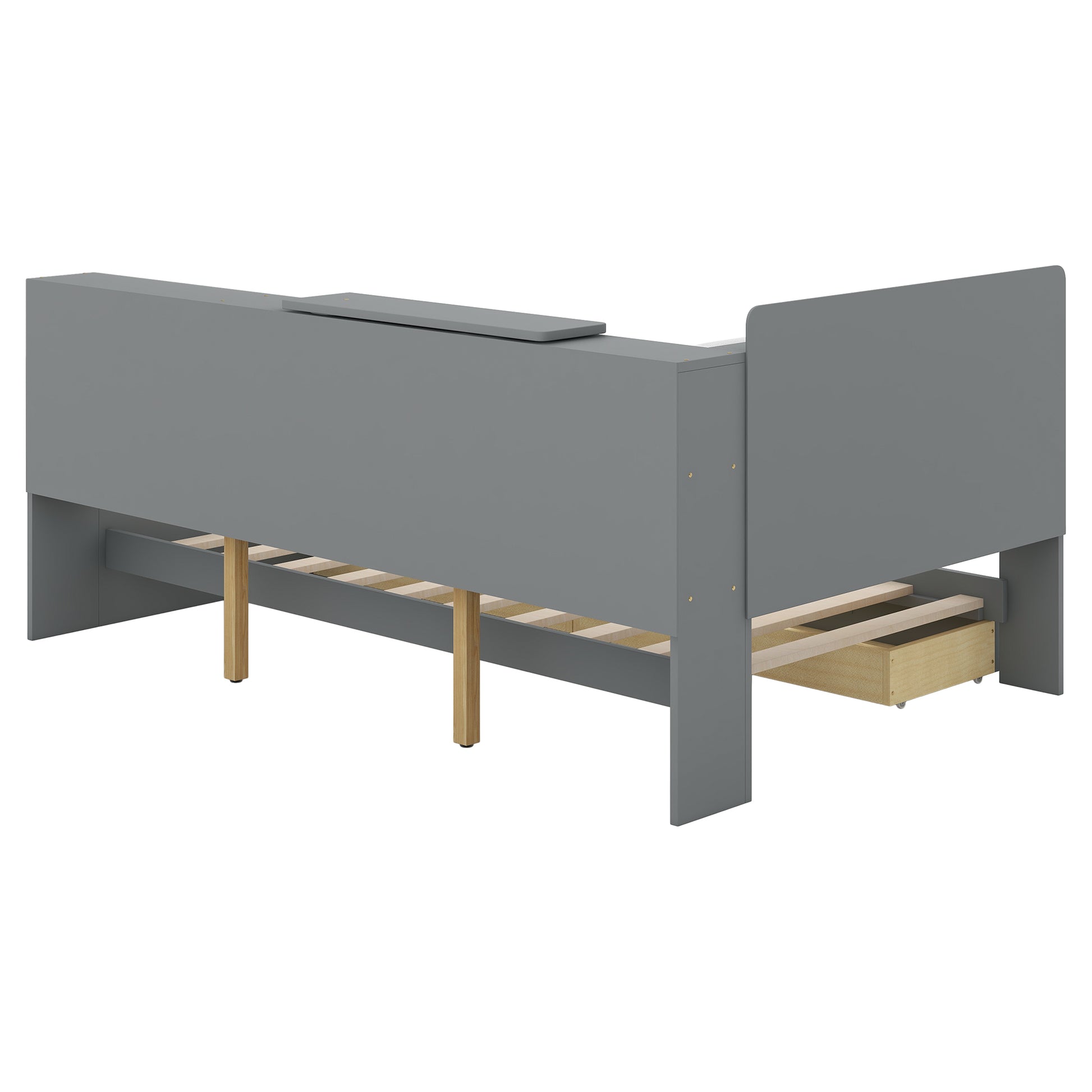 Gray toddler bed with wooden legs and builtin storage drawer